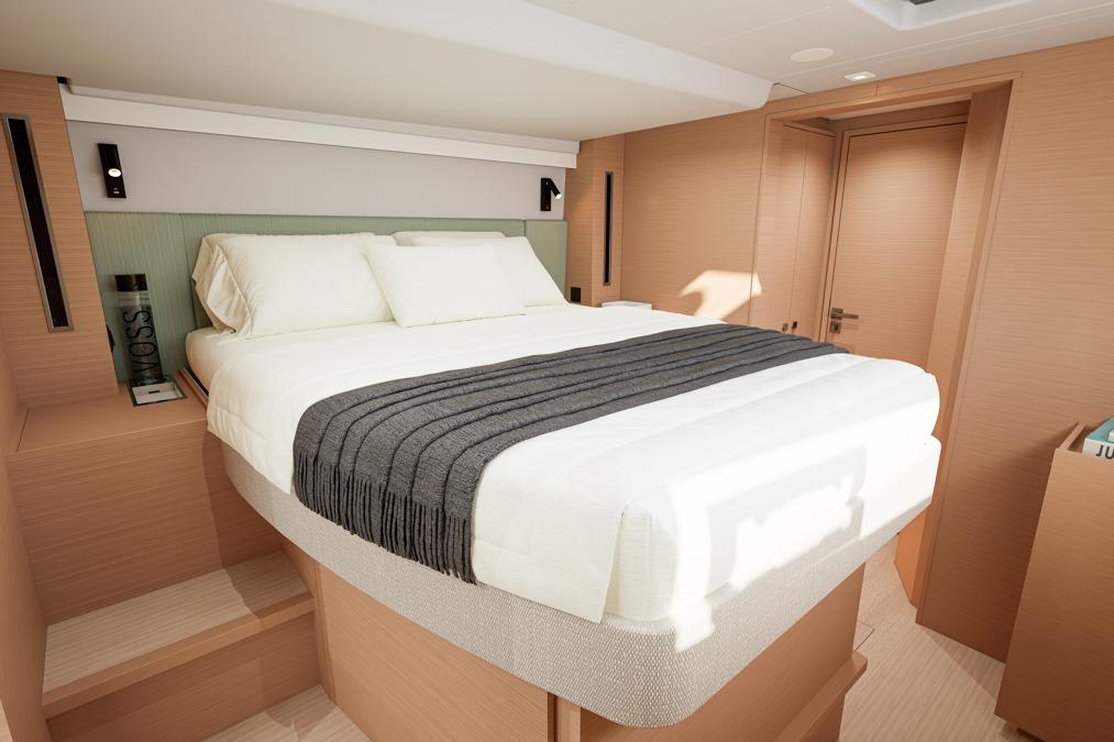 Interior of Lagoon 47 yacht, modern bedroom design, 2026 model.