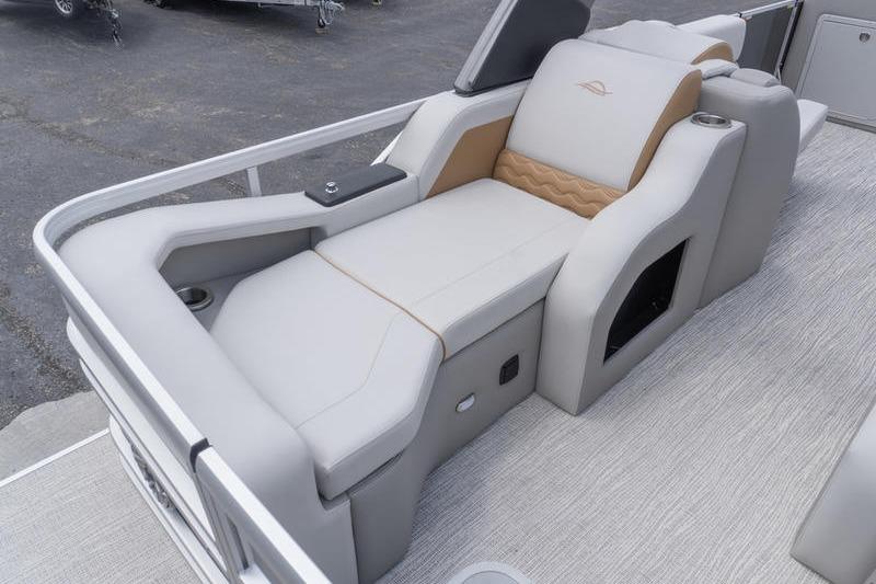 Luxurious seating on 2026 SunCatcher Elite 326 SS pontoon boat, featuring plush upholstery.