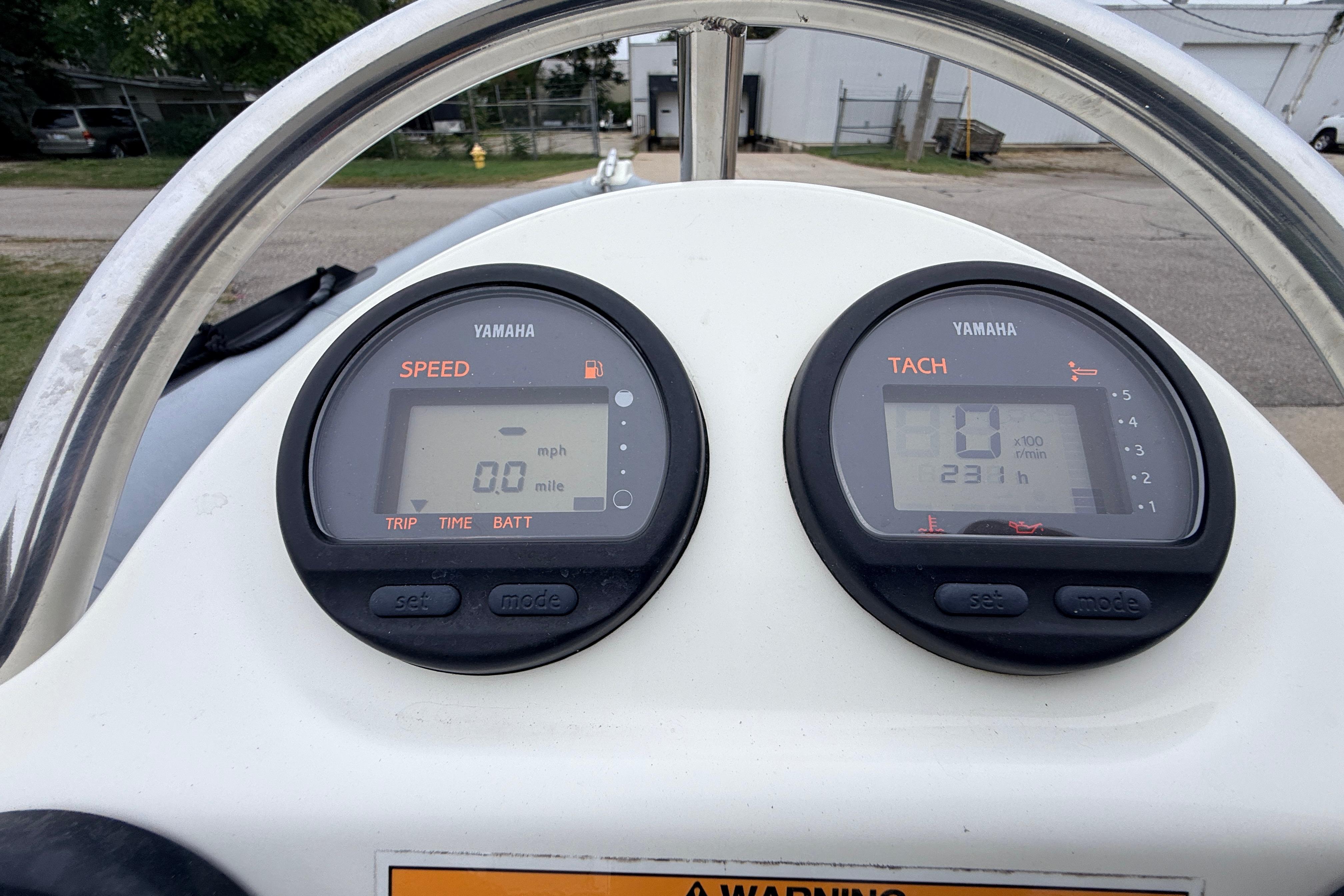 Close-up of Yamaha speedometer and tachometer on 2014 Zodiac Pro Classic 420 boat.