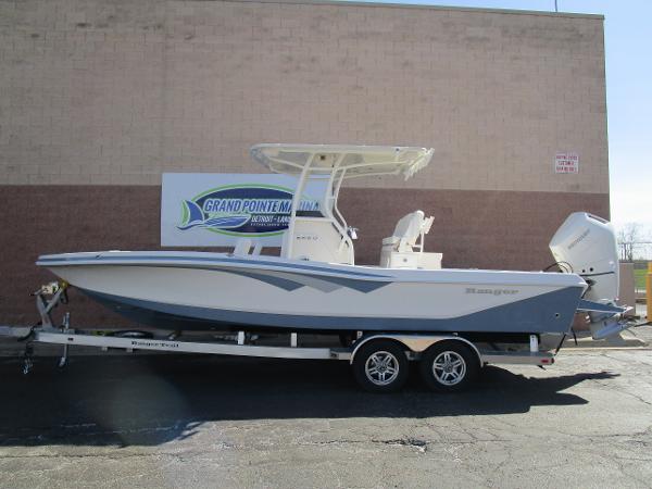 2024 Ranger 2660 Bay boat on trailer at Grand Pointe Marina.