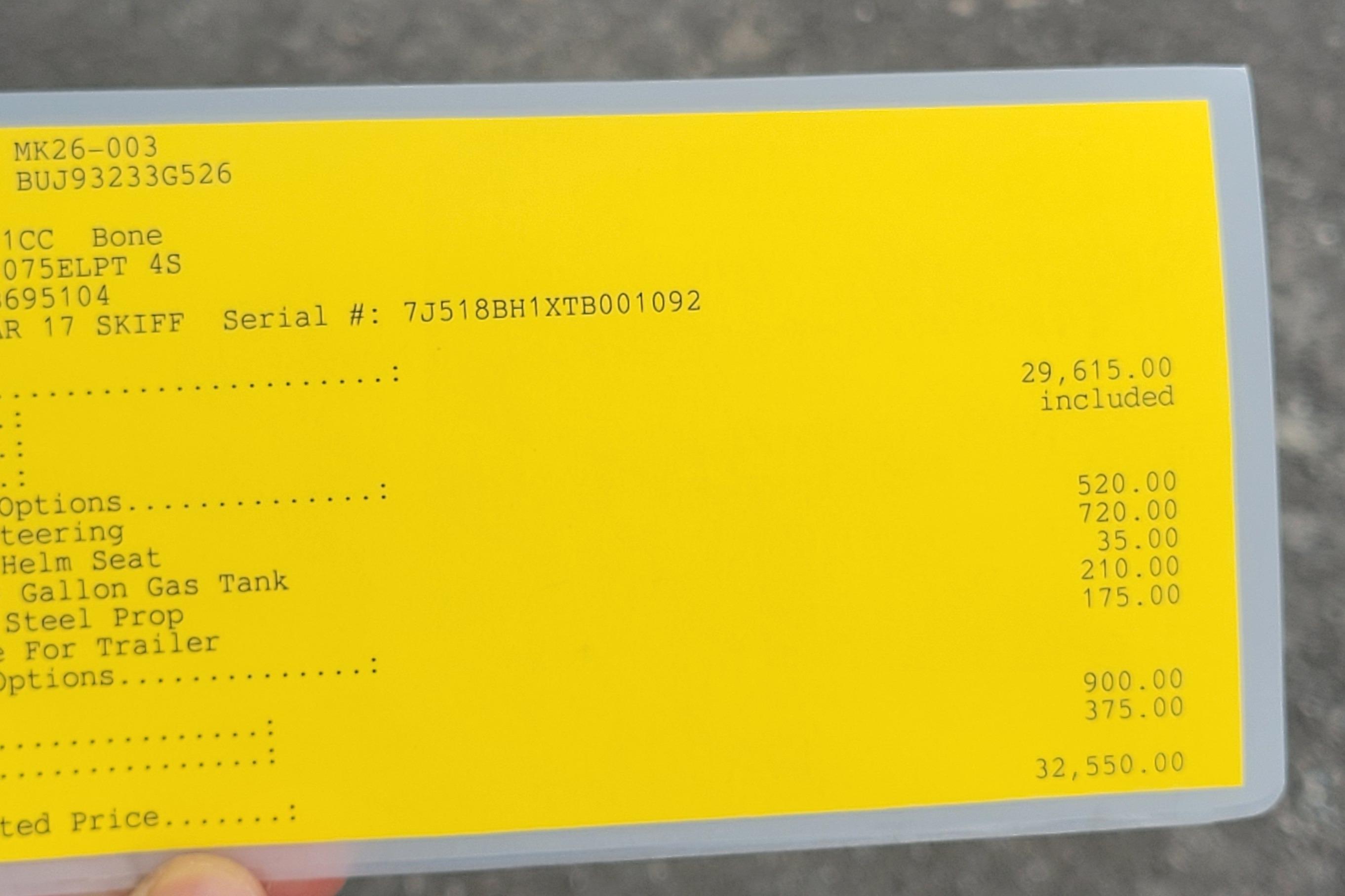 Yellow price sheet for 2026 Mako Pro Skiff 17 CC with detailed cost breakdown.