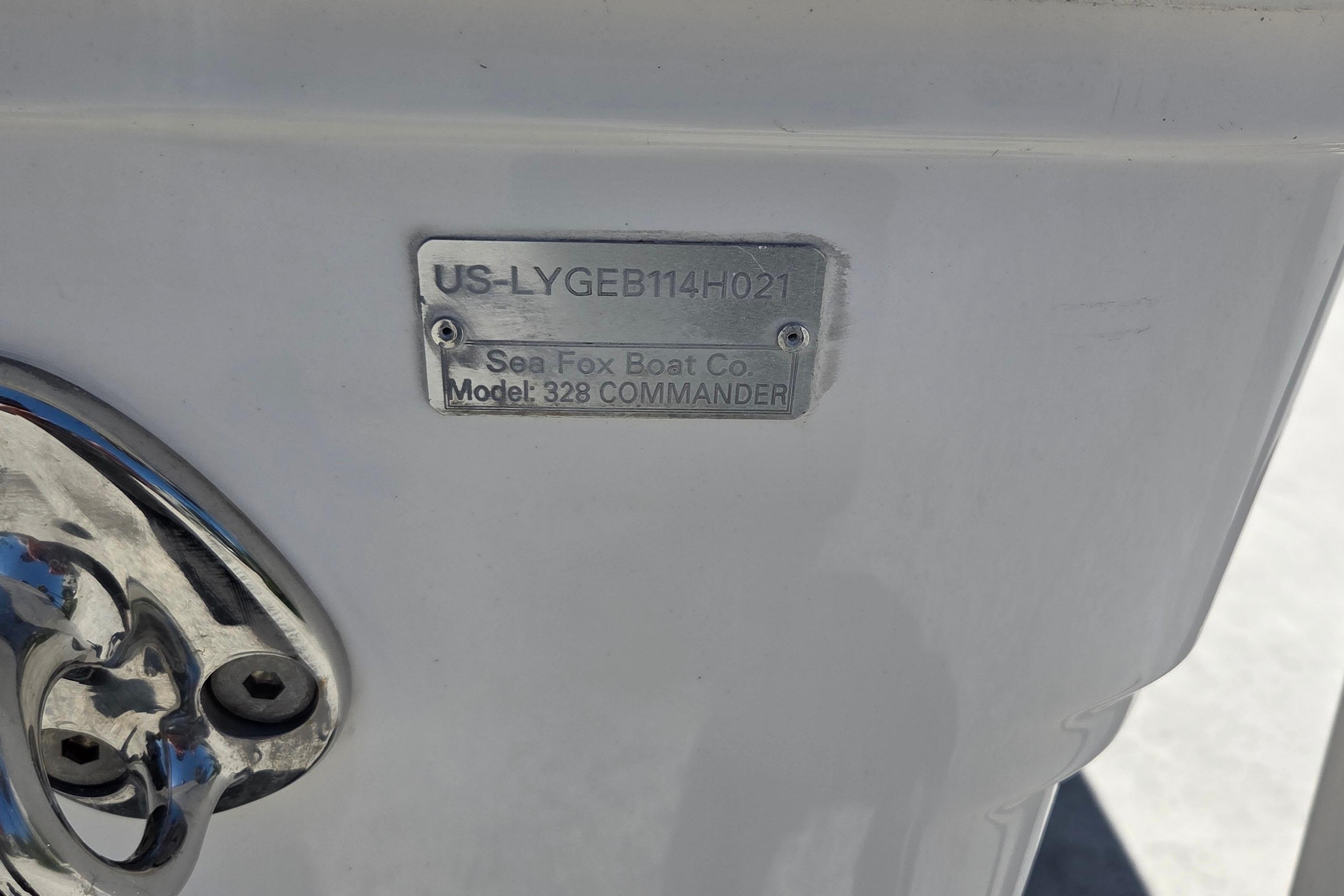 2021 Sea Fox 328 Commander boat identification plate with model details.