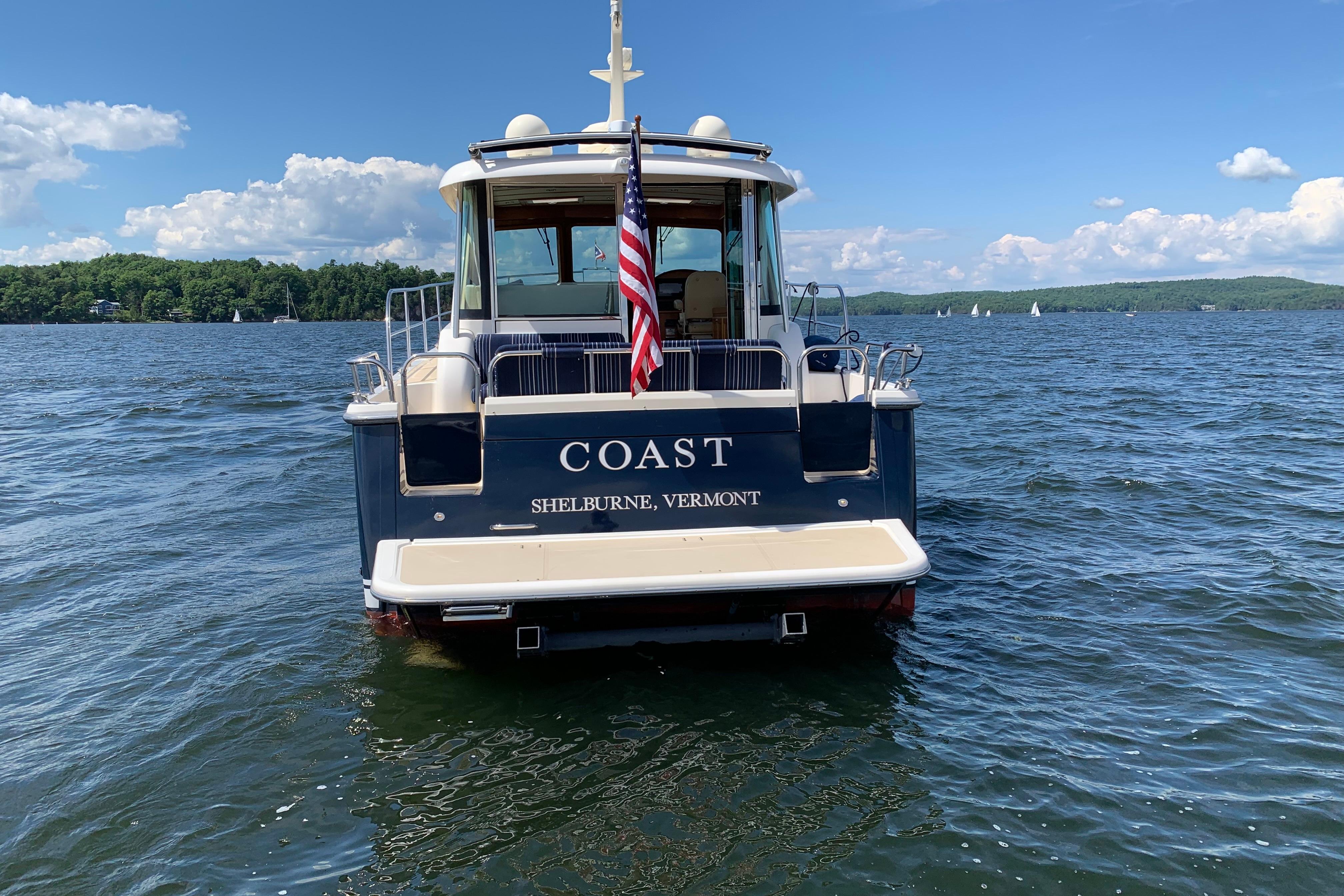 2015 Sabre 38 Salon Express boat on a lake, Shelburne, Vermont.