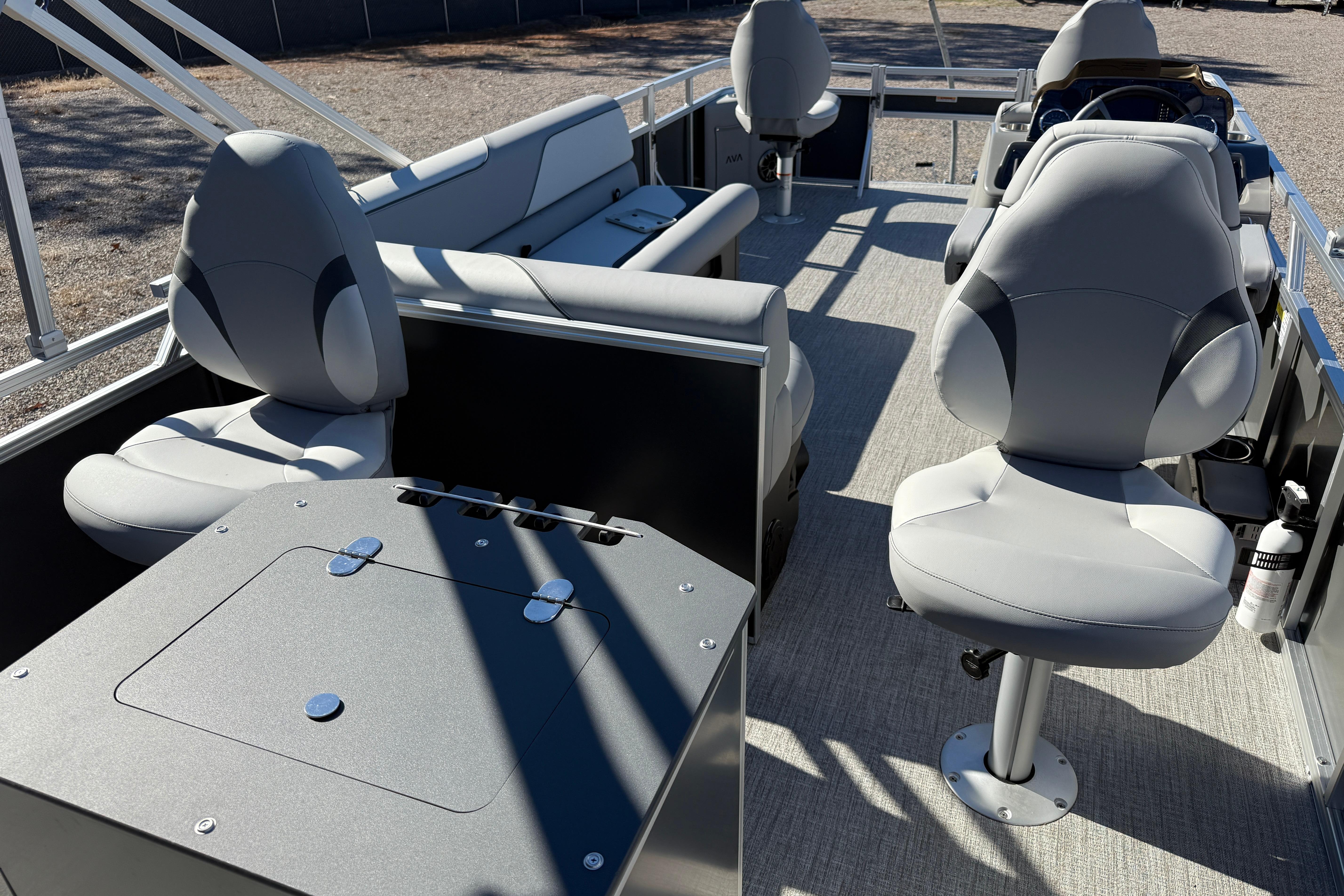 2026 Avalon VENTURE 85 QUAD pontoon boat interior with modern seating and spacious layout.