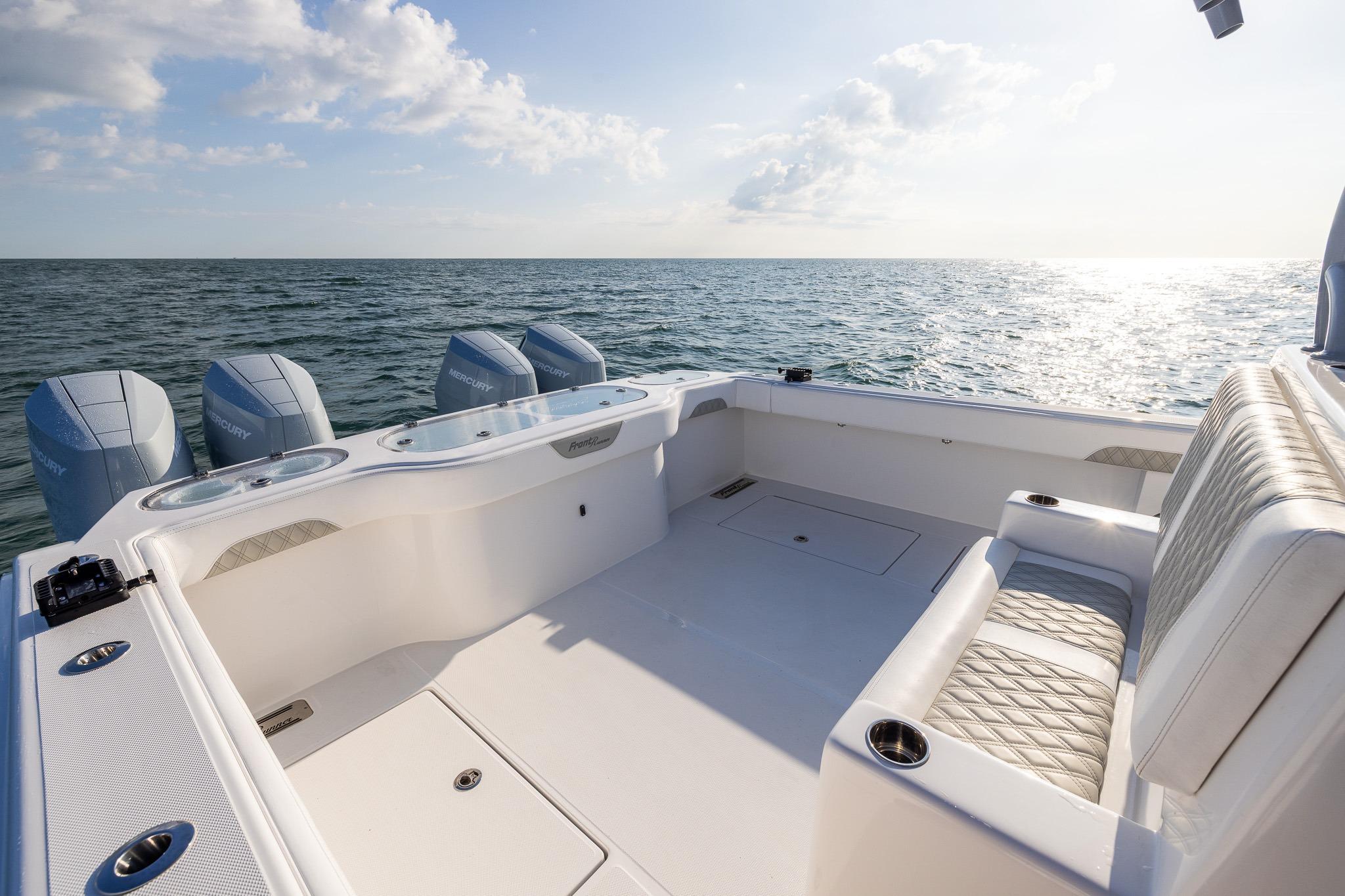 Luxurious 2026 Front Runner 37 Catamaran with spacious seating, cruising on open water.