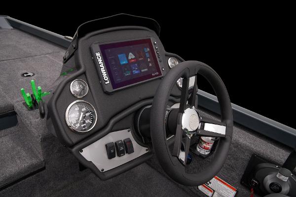 Manufacturer Provided Image: 2025 Ranger RT178 boat dashboard with steering wheel and Lowrance display.