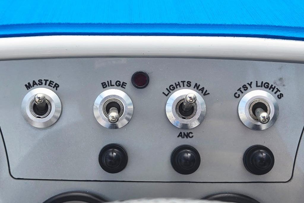 Control panel of a 2018 Tahoe 450 TS boat with labeled switches.