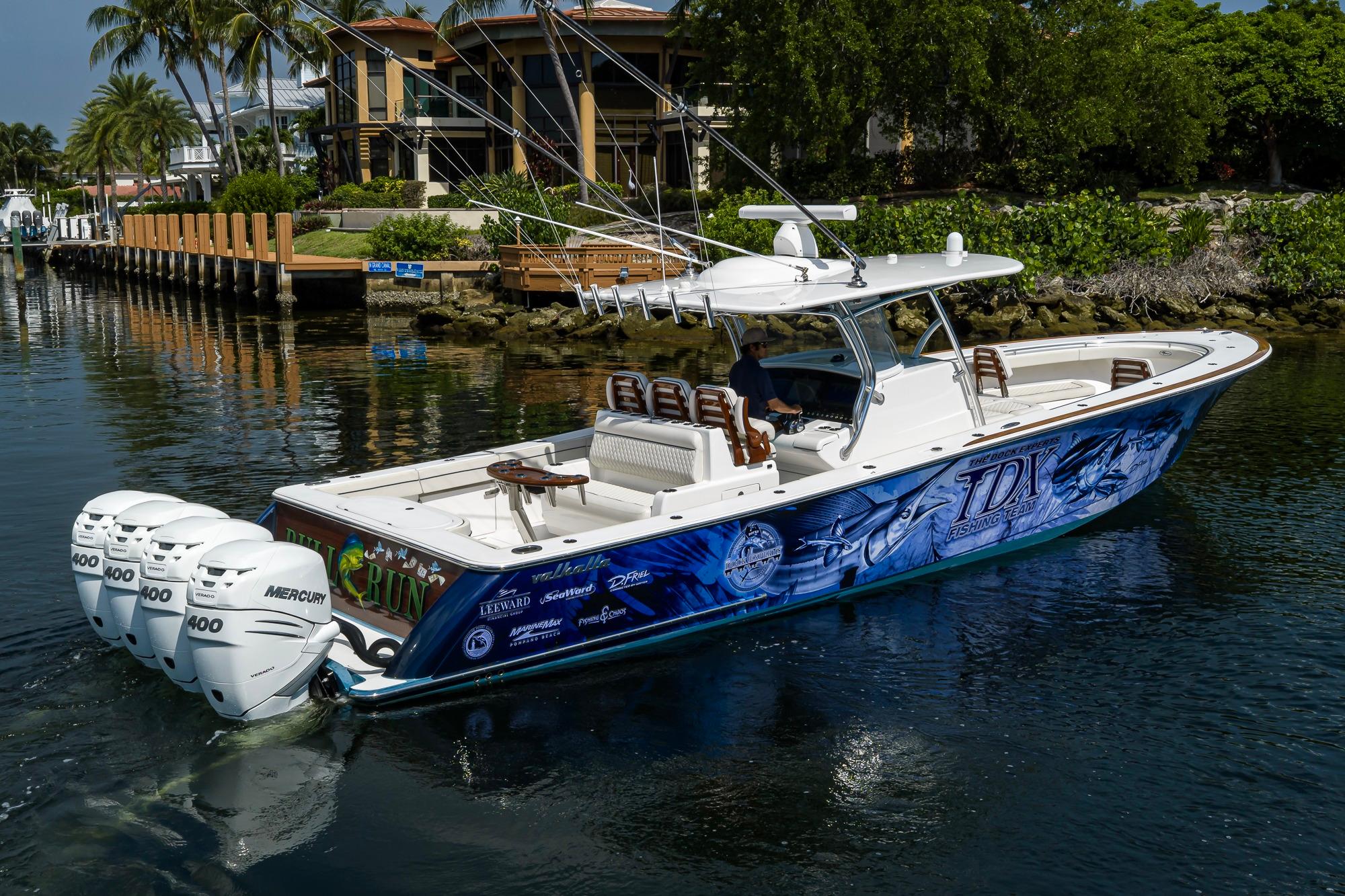 2020 Valhalla Boatworks V-41 with vibrant graphics and four Mercury 400 engines.