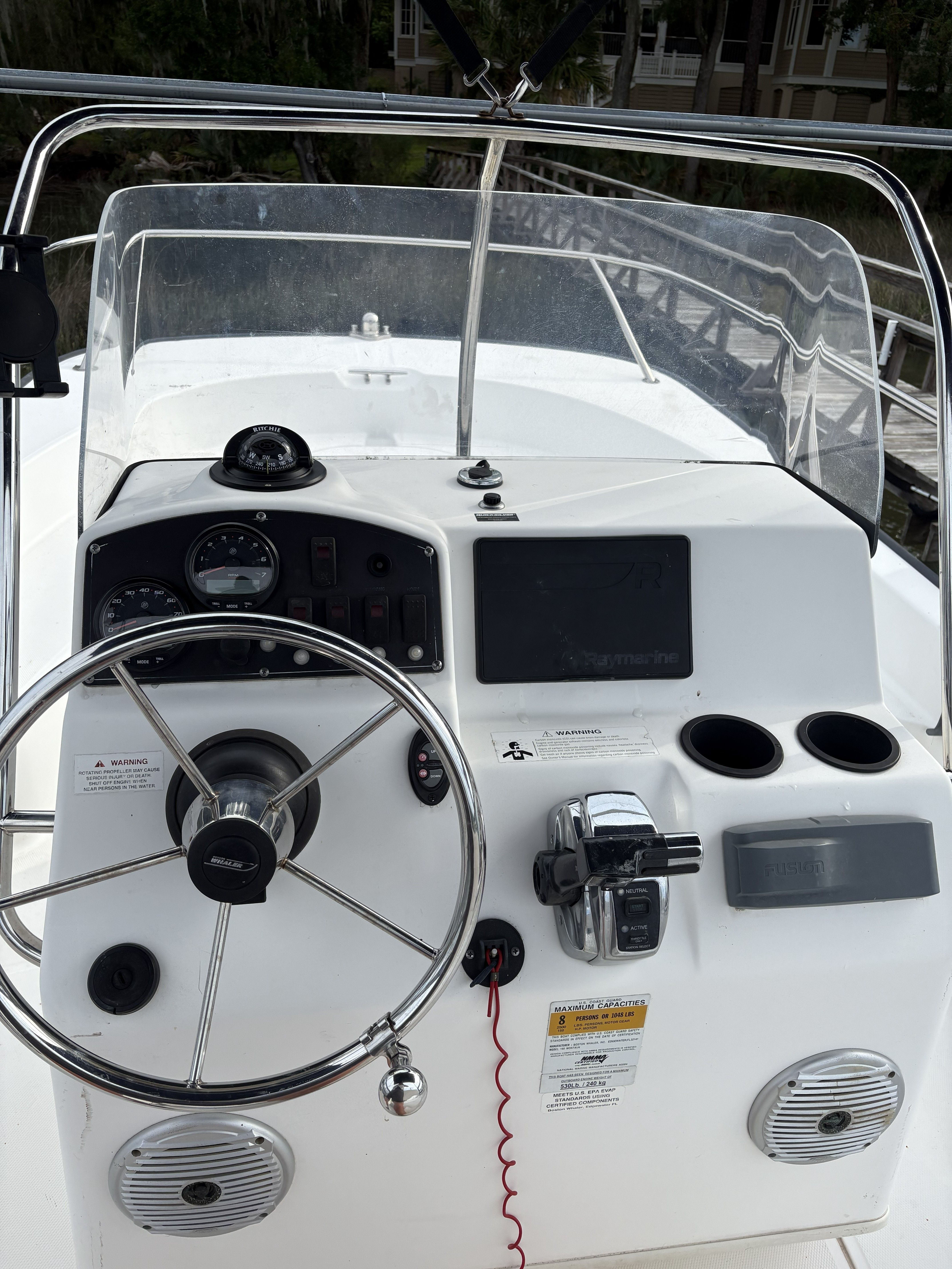 Steering console of a 2012 Boston Whaler 190 Montauk boat.