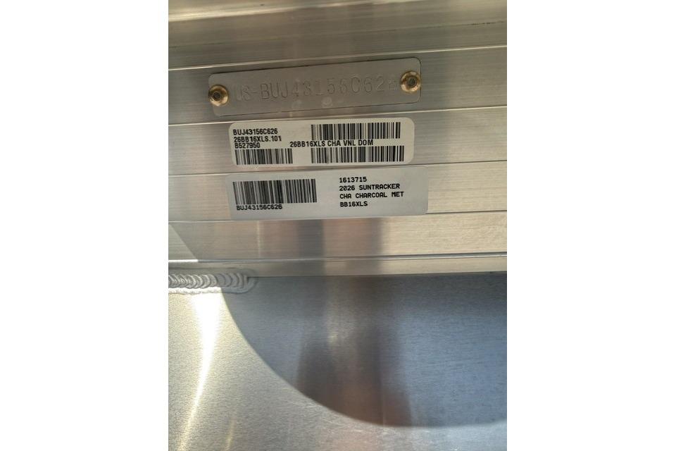 2026 Sun Tracker Bass Buggy 16 XL Select identification plate with serial numbers and barcodes.