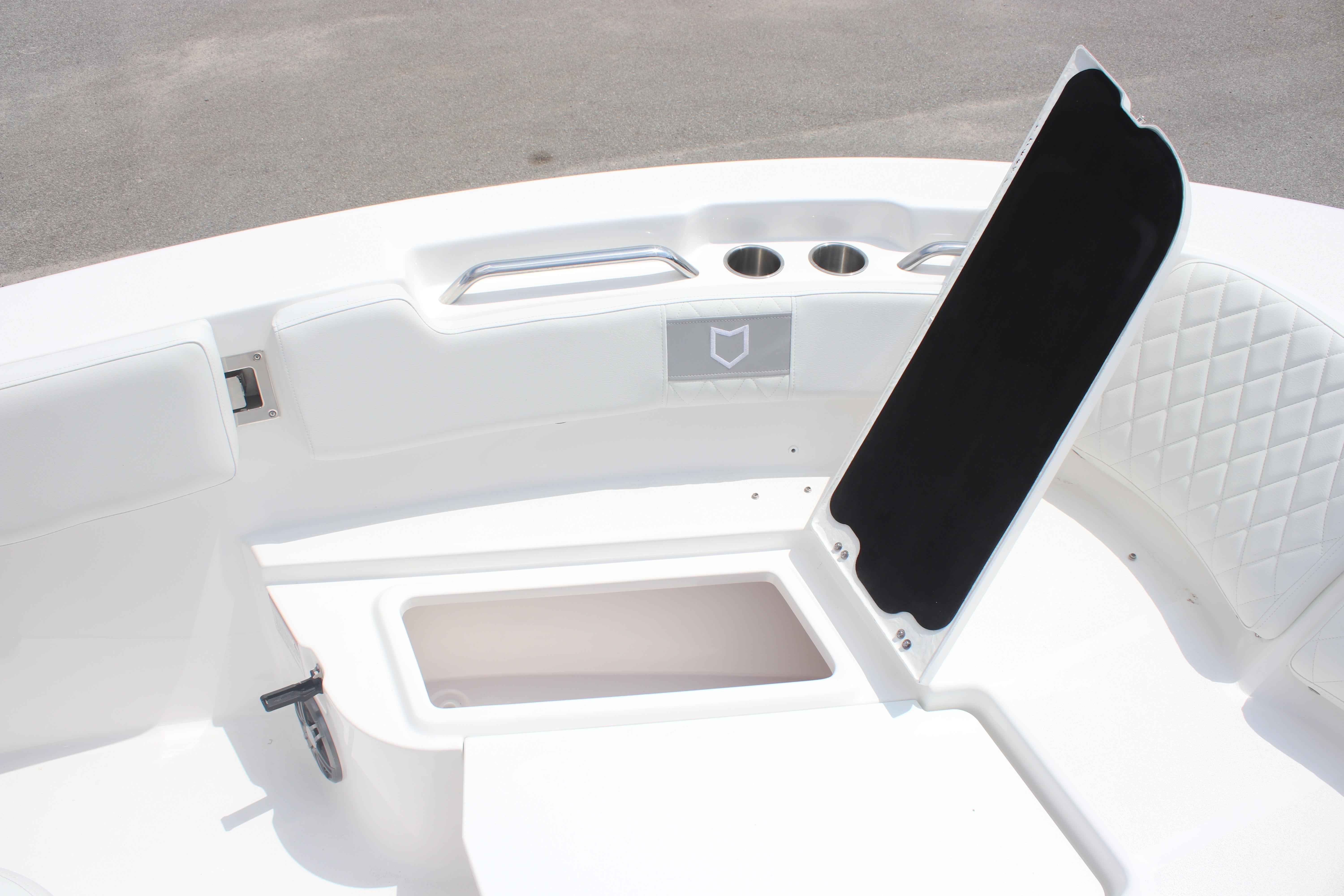 2026 Sea Fox 248 Commander boat interior with open storage compartment.