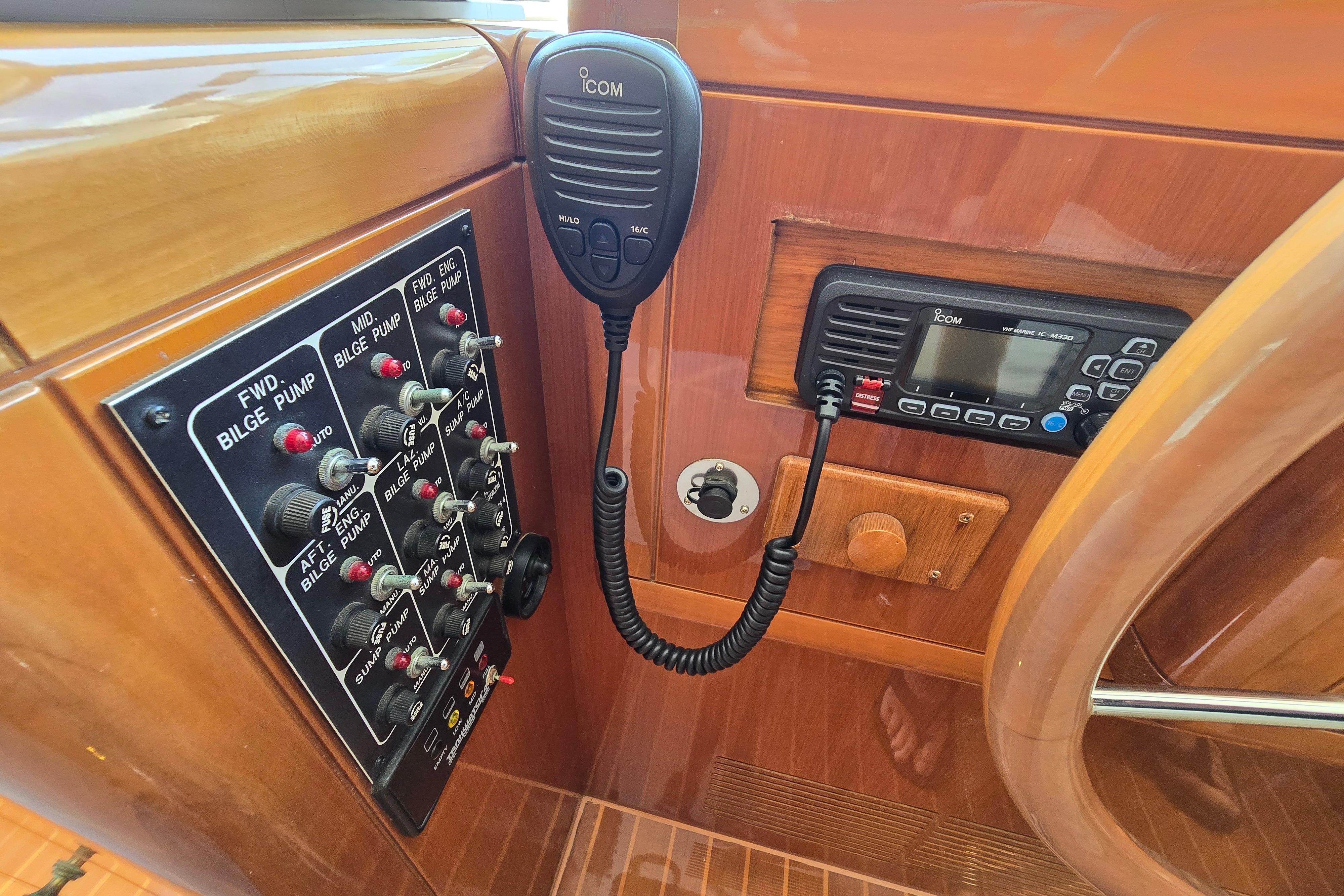 Control panel and radio equipment on a 2004 Grand Harbour 58 yacht.