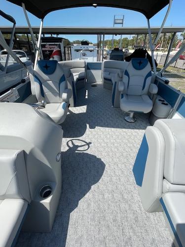 2025 Berkshire 22 RFX LE Tri-toon Pontoon interior with spacious seating and modern design.