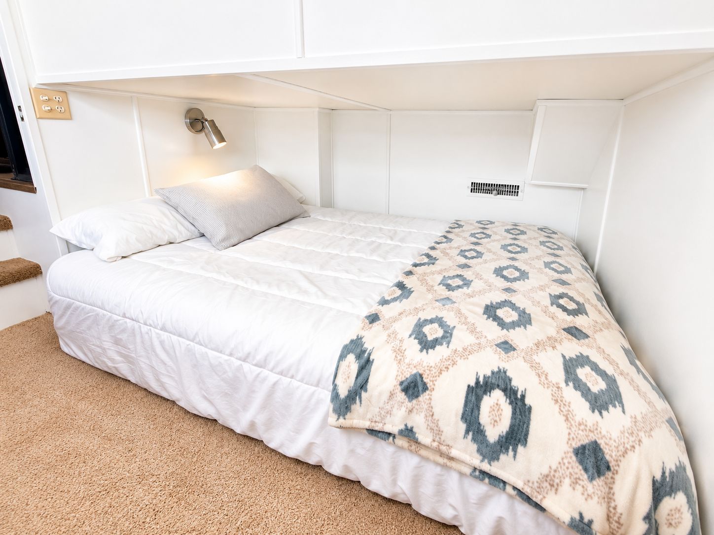 A cozy bedroom with a double bed, white walls, and a patterned throw blanket.