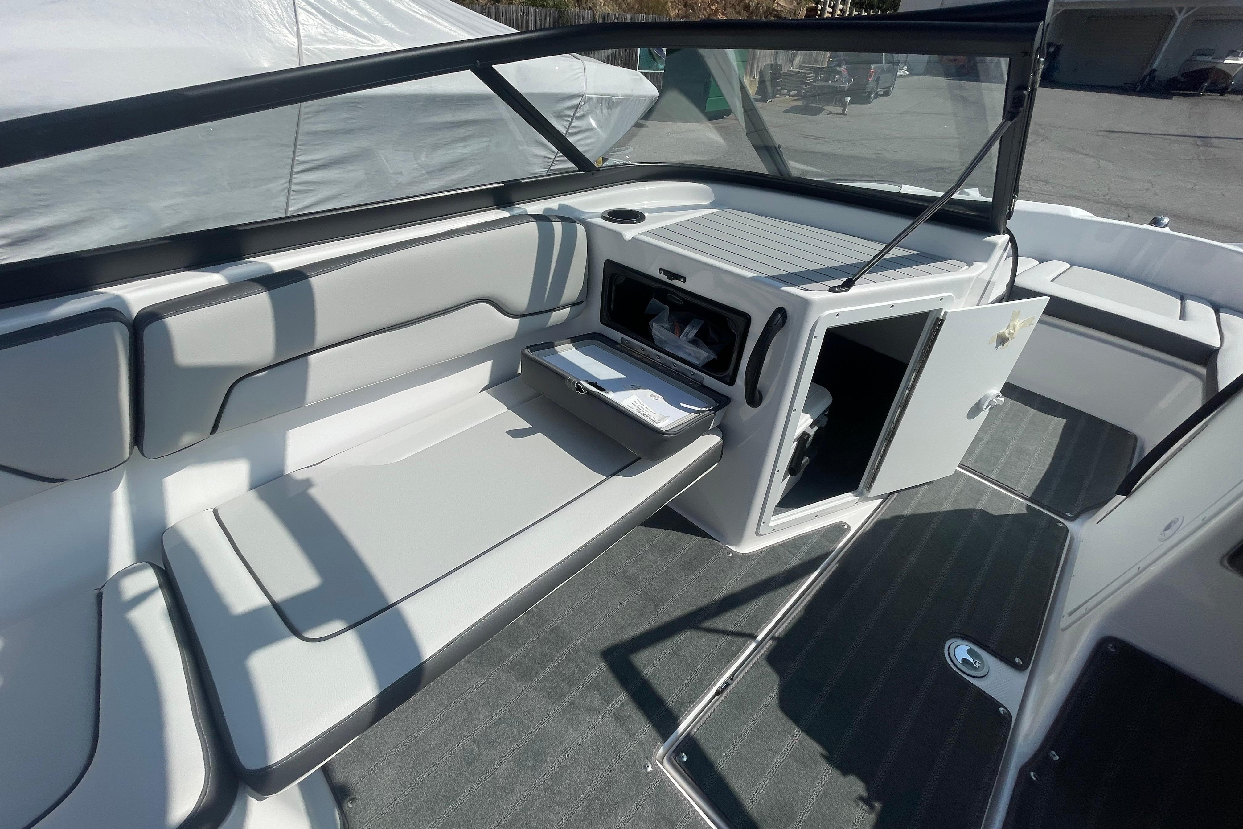 2026 Yamaha AR190 boat interior with seating and storage compartments.