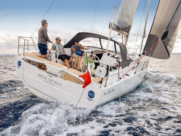 Sailing yacht Hanse 360 #41, 2025 model, cruising on open sea with crew onboard.