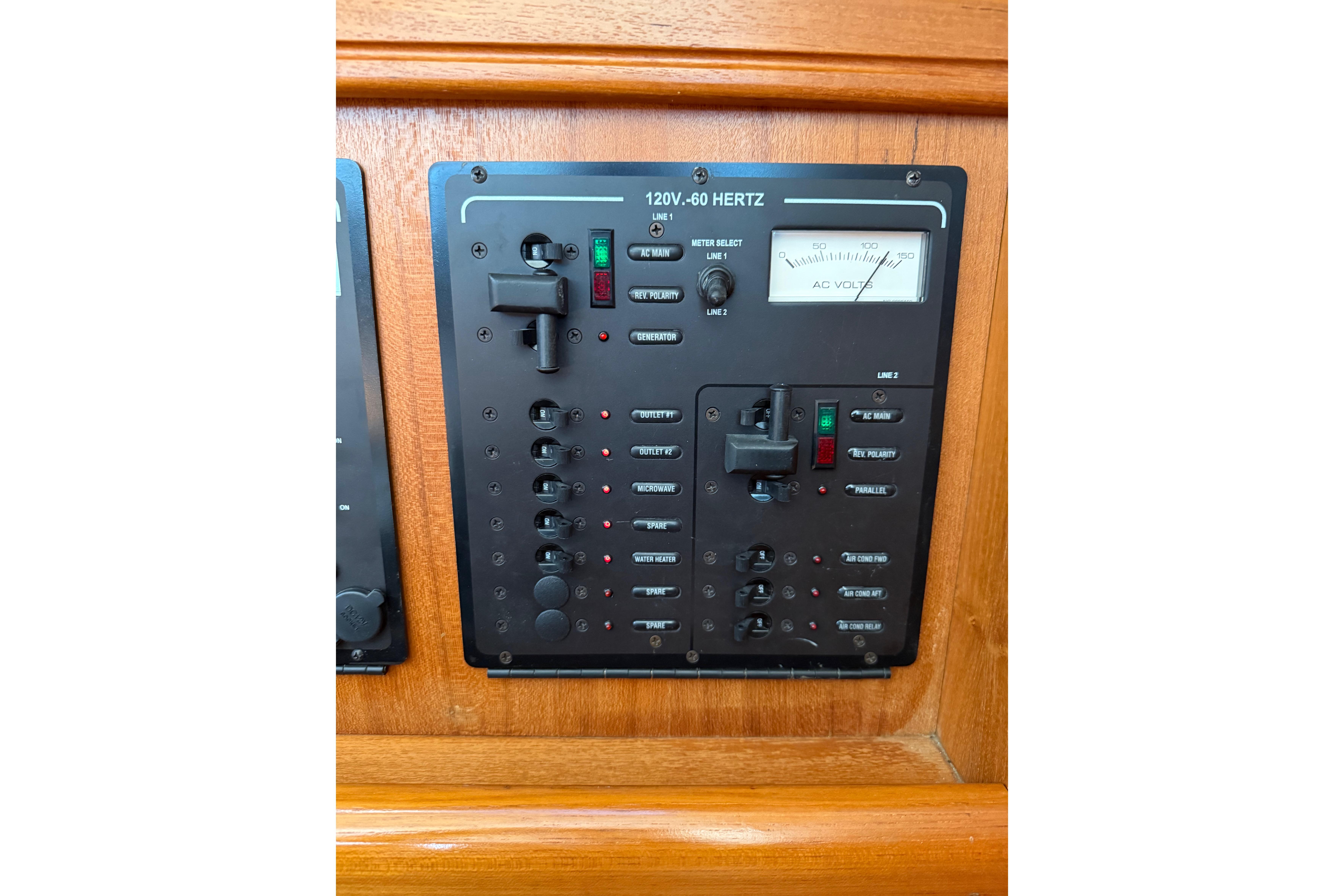 Electrical control panel on a 2007 Hunter 41 Deck Salon yacht.