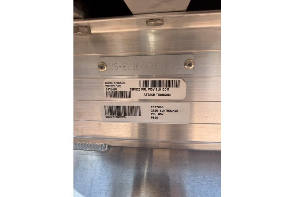 2026 Sun Tracker Party Barge 20 DLX identification plate with serial numbers and labels.