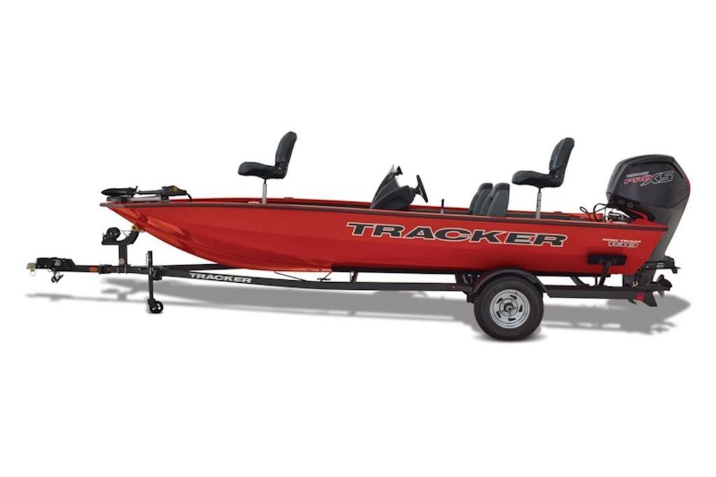 2026 Tracker Pro Team 190 boat on trailer, red exterior, three seats, outboard motor.