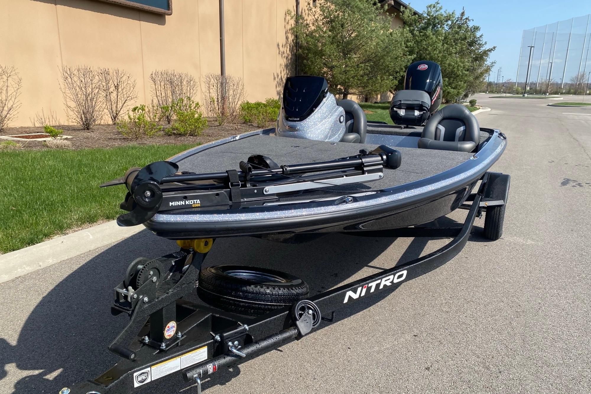 2026 Nitro Z17 fishing boat on trailer, featuring Minn Kota trolling motor.