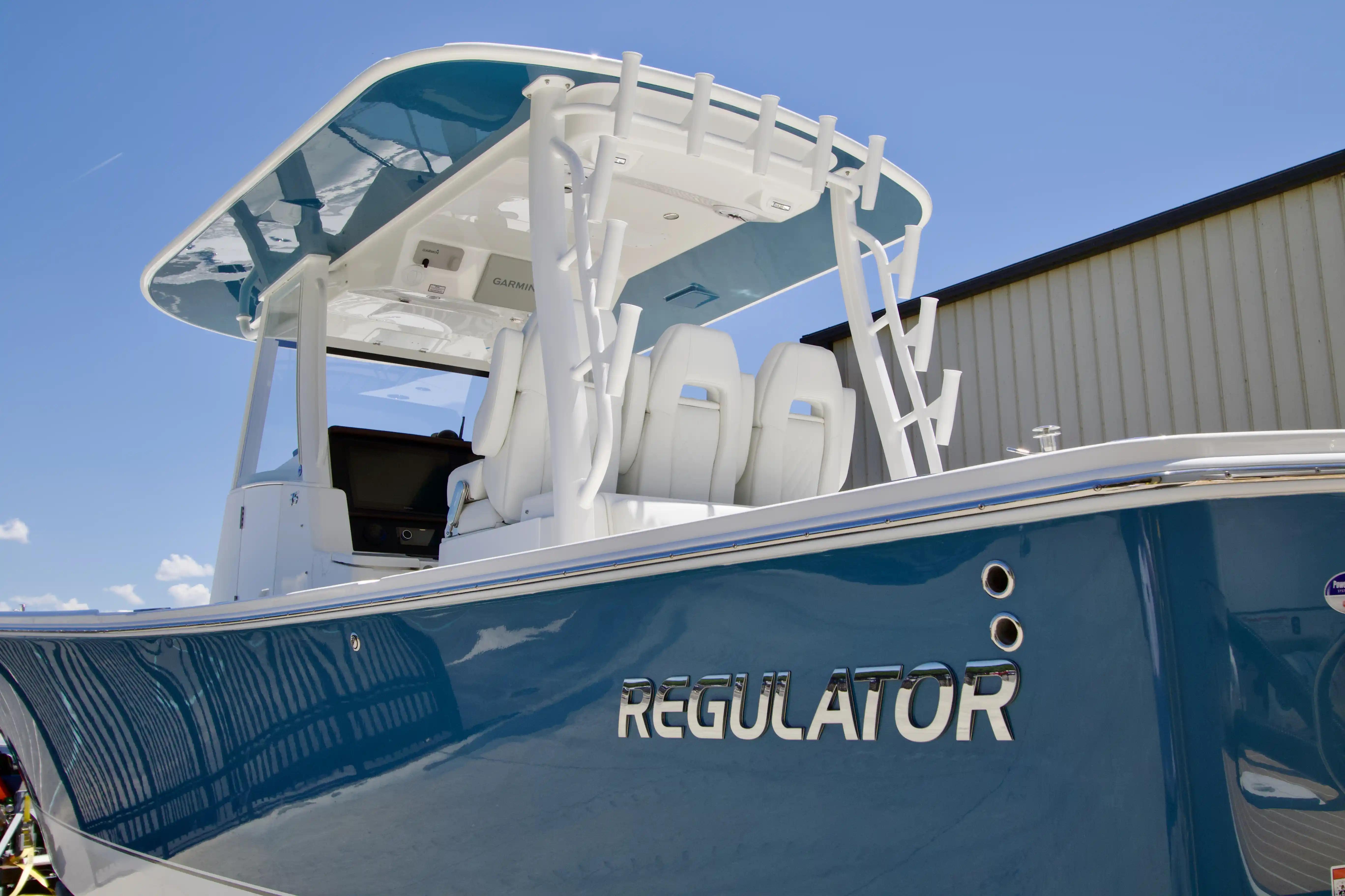 2027 Regulator 35 boat with sleek blue hull and modern design.
