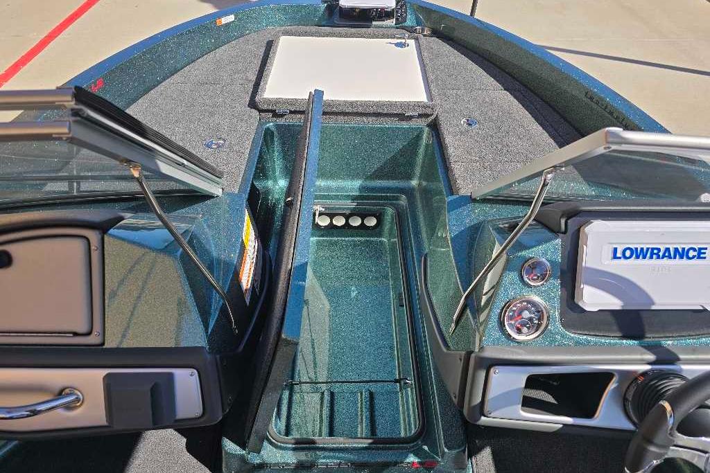 2026 Ranger 212LS boat dashboard with Lowrance electronics and storage compartments.