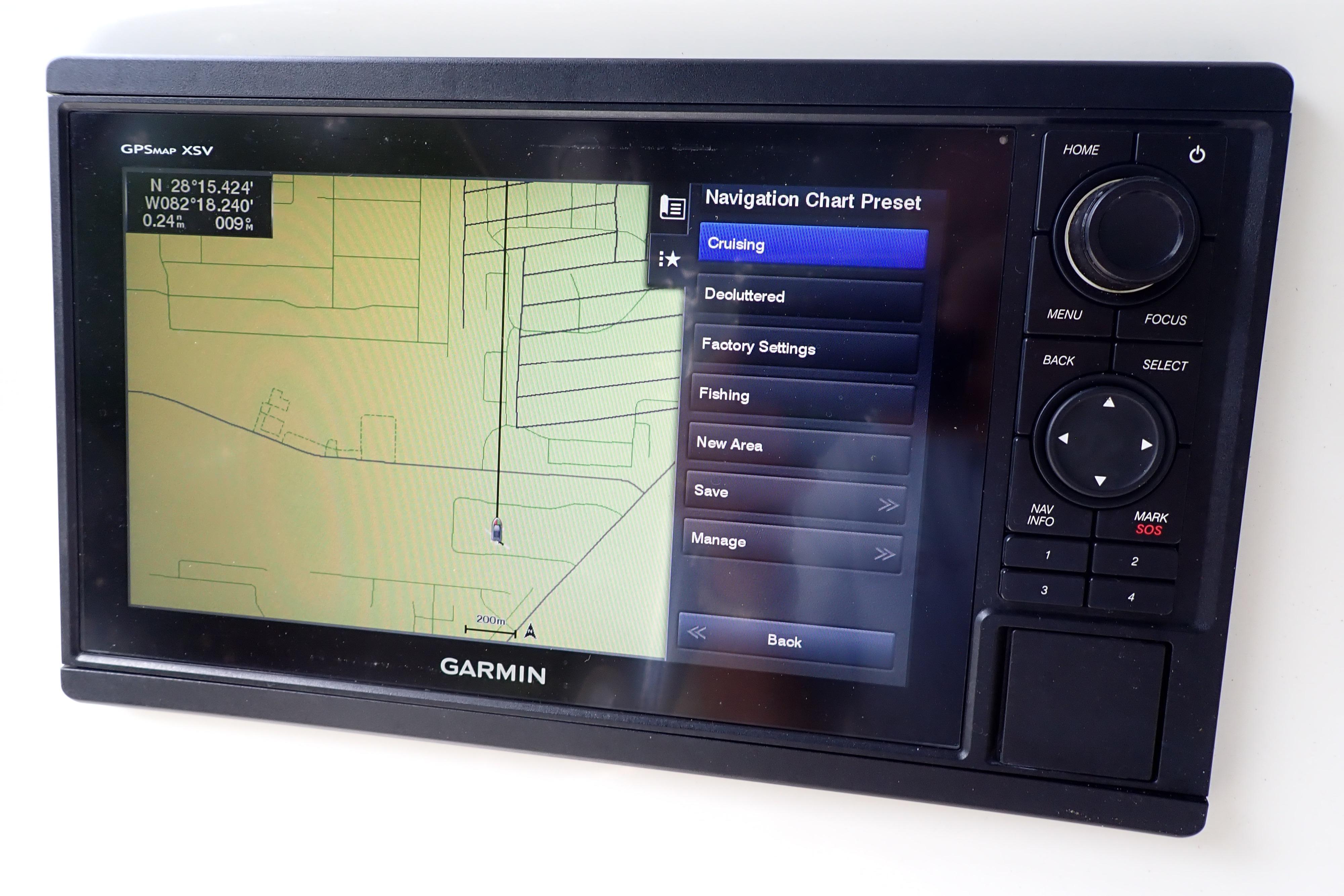 Garmin GPS navigation system on 2019 Key West 263 FS boat, displaying chart presets.