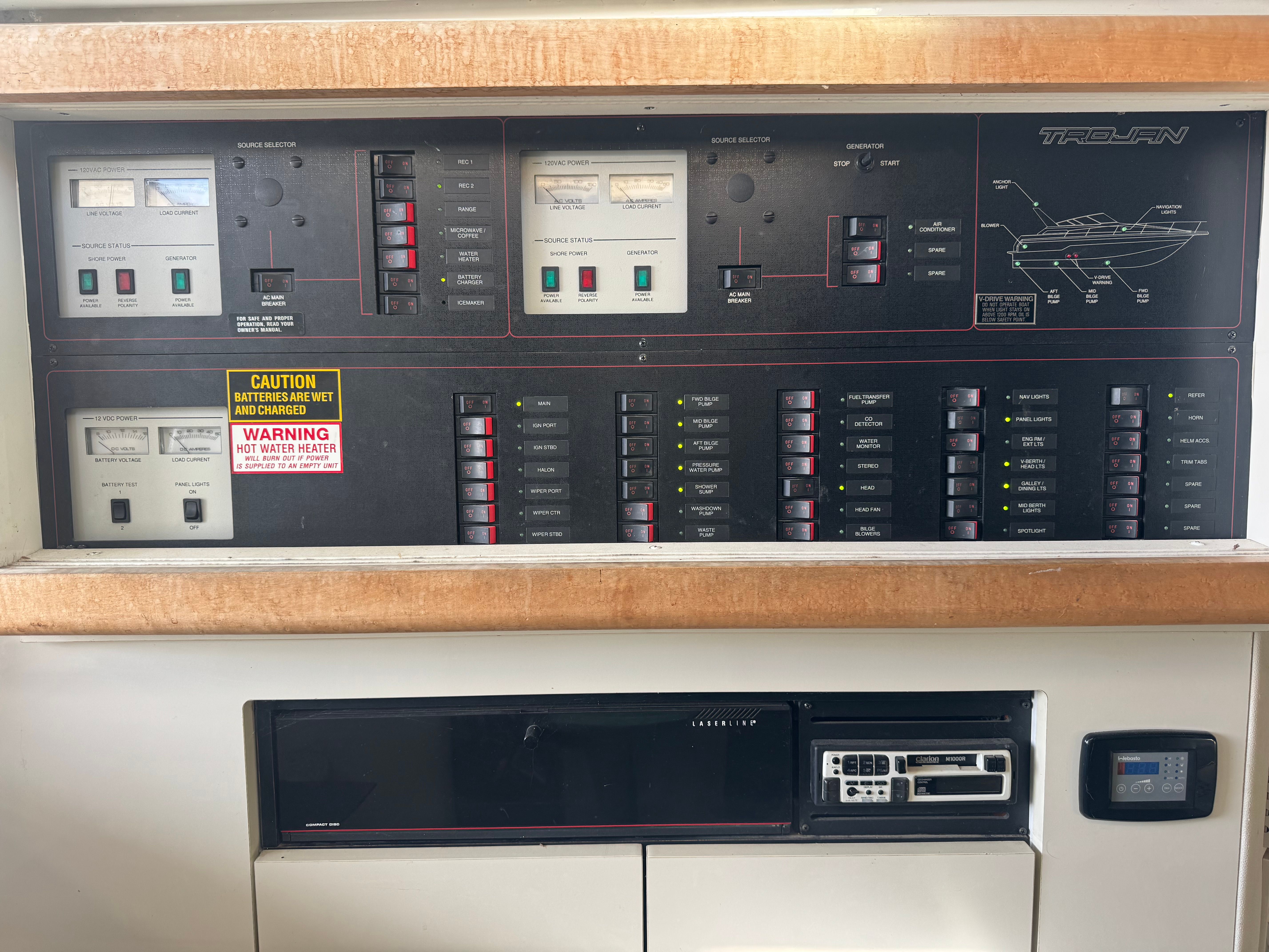 Electrical control panel of a 1995 Trojan 390x with various switches and gauges.