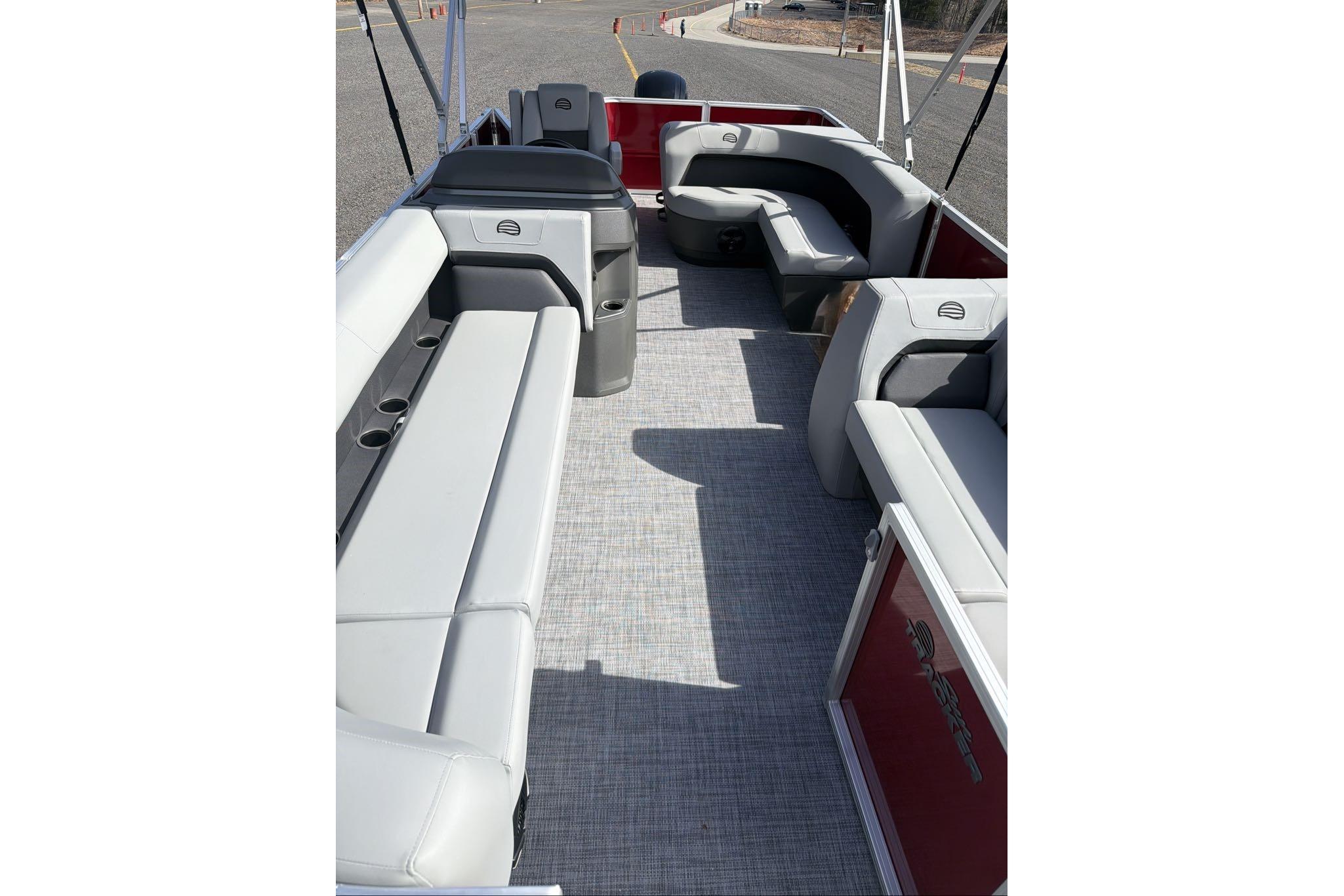 2026 Sun Tracker Party Barge 18 DLX interior with spacious seating and modern design.