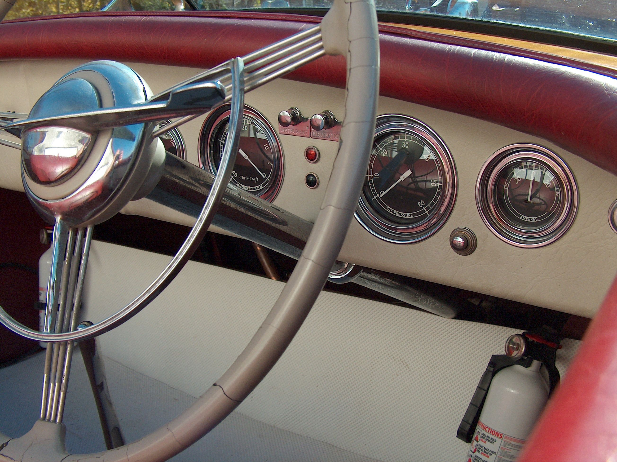 Interior view of a 1950 Chris-Craft Riviera dashboard.