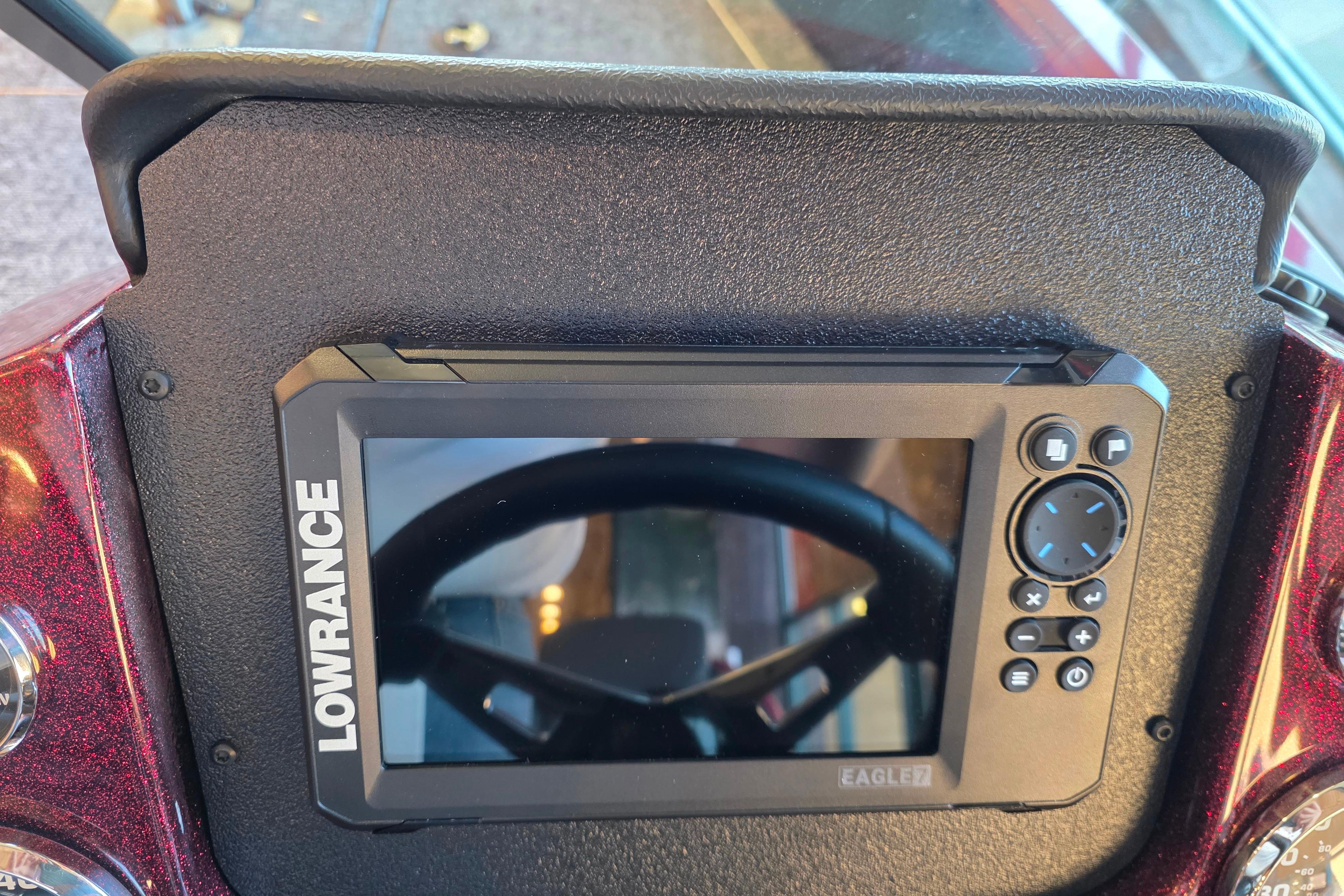 Lowrance Eagle 7 fishfinder on 2026 Ranger VS1782SC Reata boat dashboard.