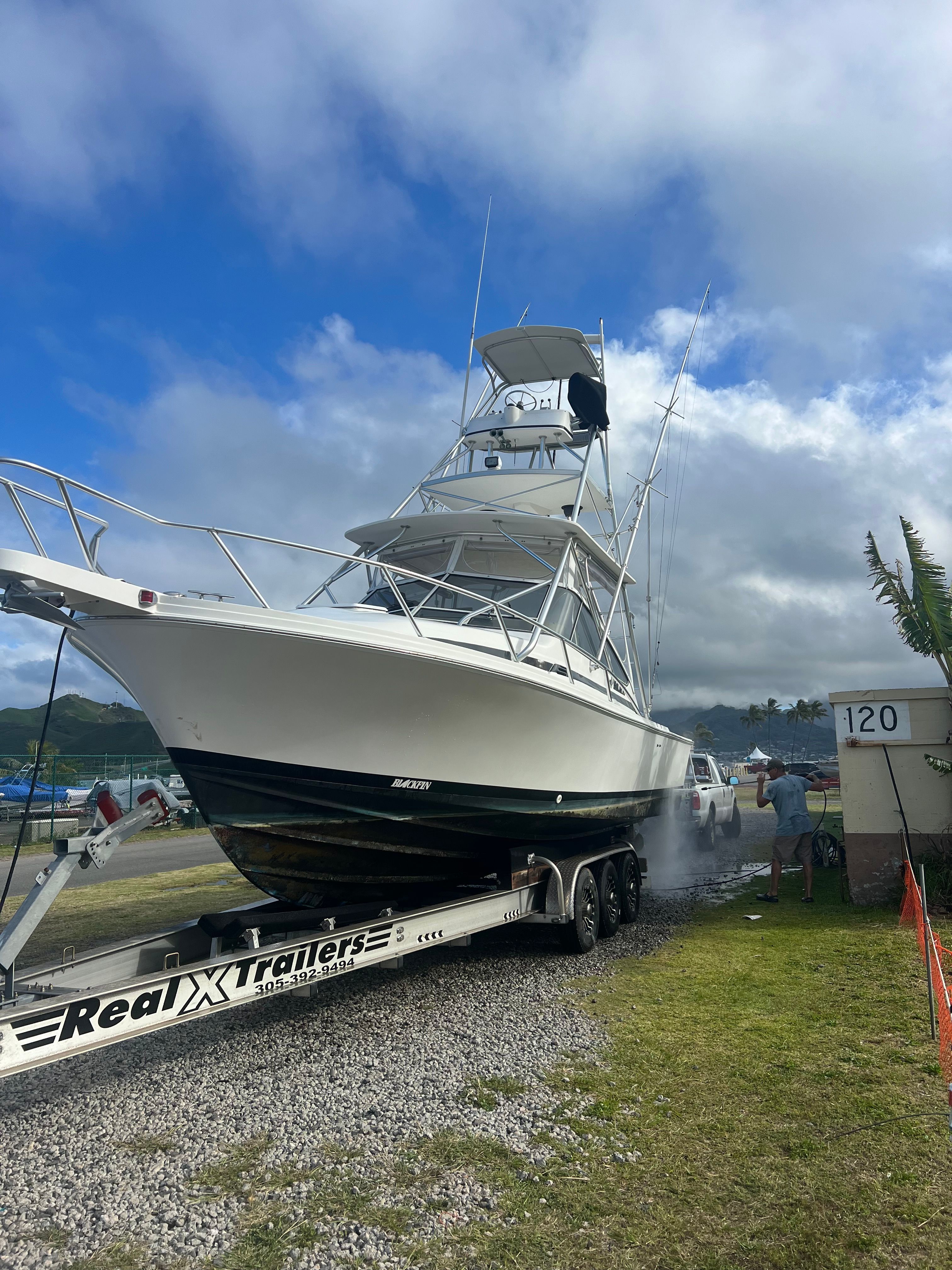 A 2001 Blackfin Combi on a trailer, ready for transport.