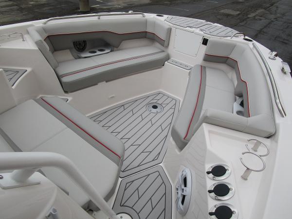 2025 Solara S-250 CW boat interior with cushioned seating and modern design.
