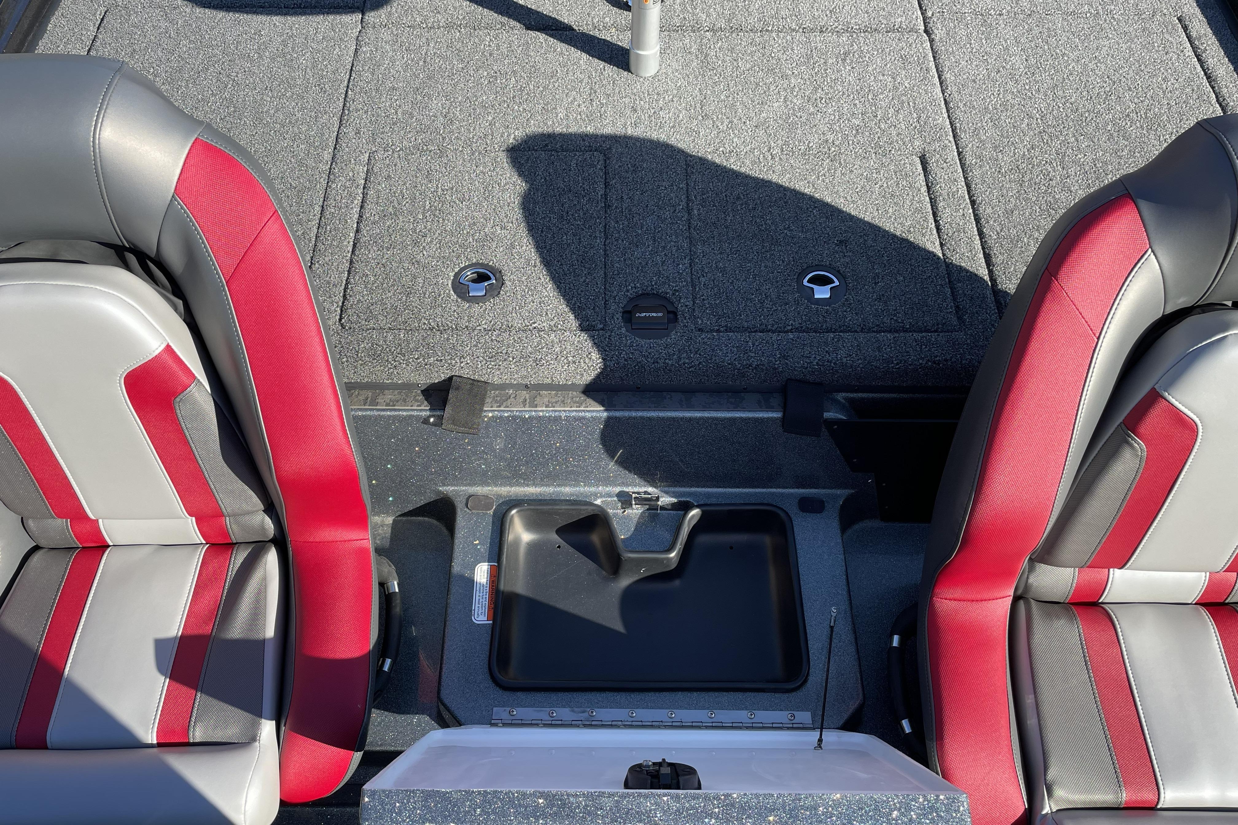 Interior of 2026 Nitro Z20 XL boat with red and gray seating.