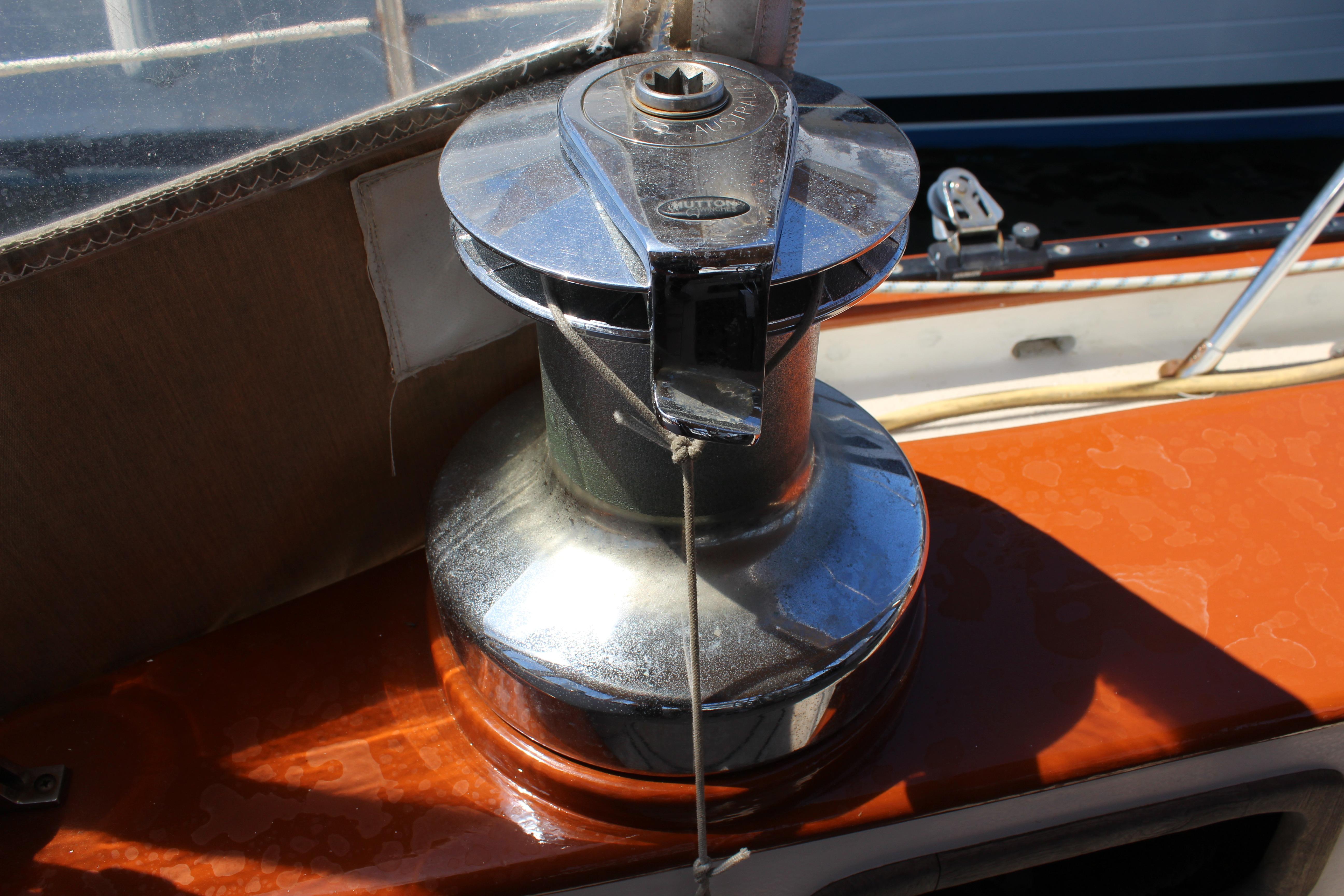 Close-up of a winch on a 1981 Kelly Peterson 46 sailboat deck.