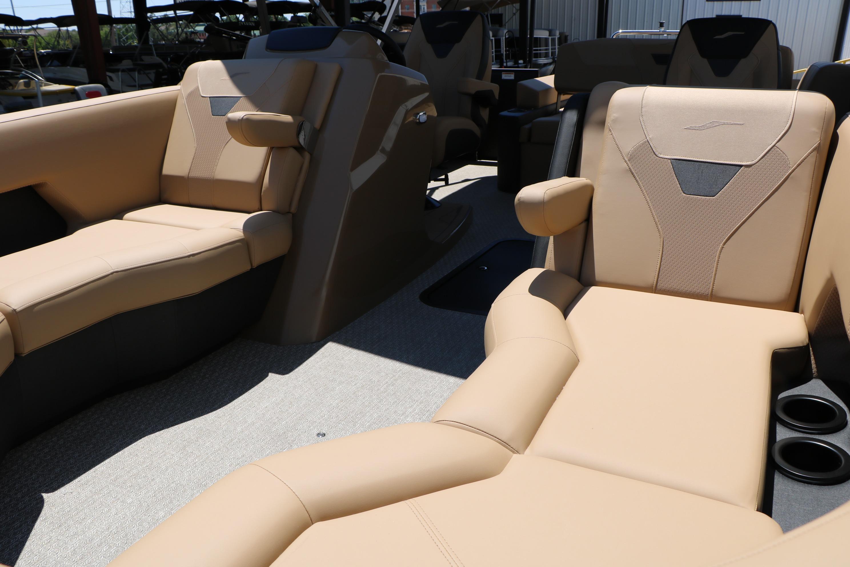 Luxurious beige seating in 2026 Evotti 521CS boat interior.