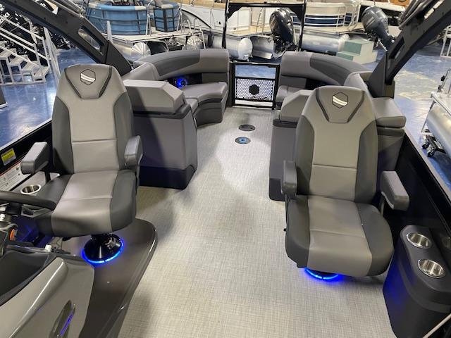 Luxurious 2026 South Bay 525 RS 3.0 Arch pontoon boat interior with modern seating and ambient lighting.