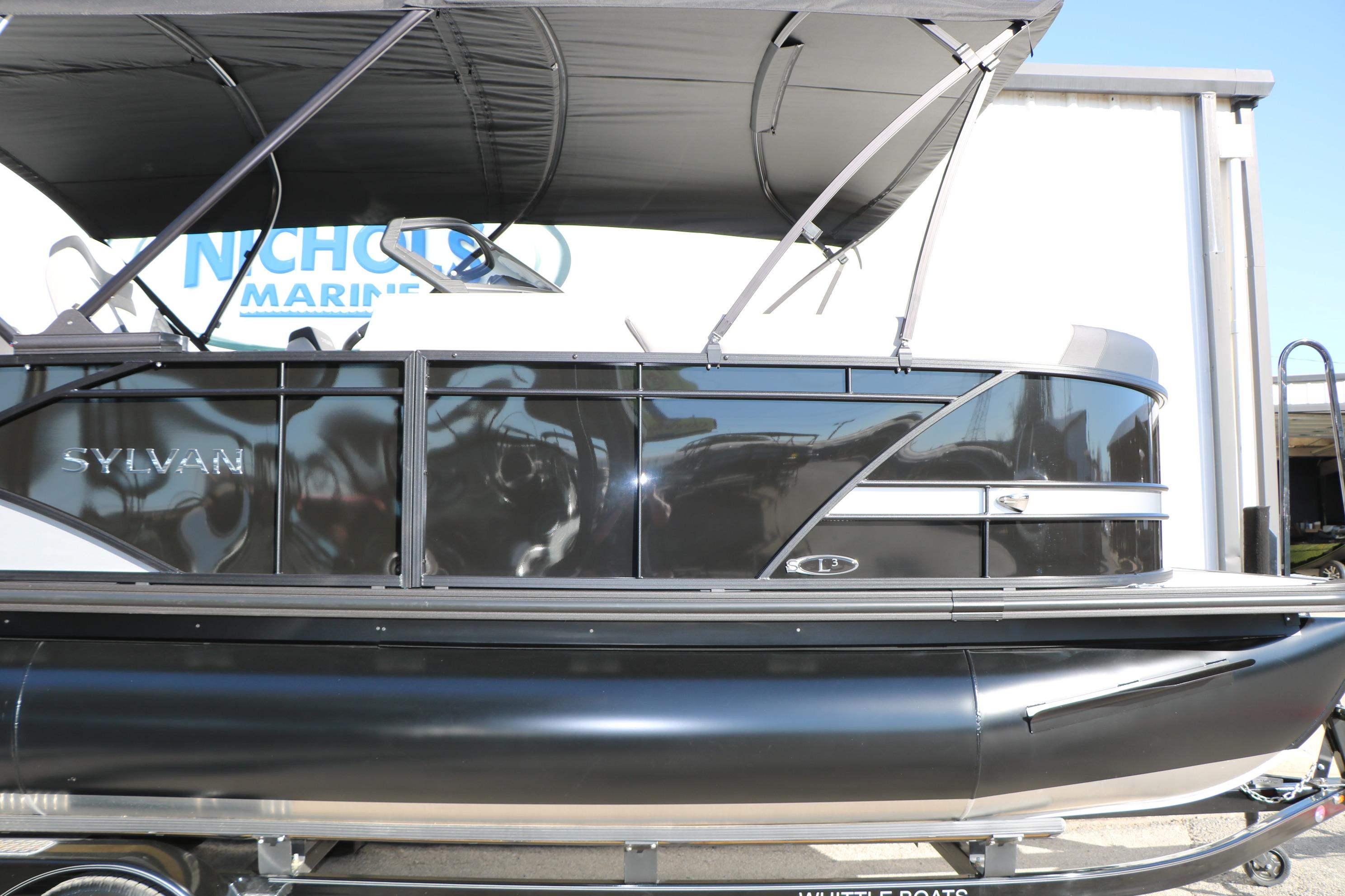 2026 Sylvan L3 CLZ DH pontoon boat with sleek black design and canopy.