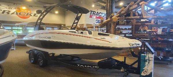 2023 Tahoe 1950 boat on display in showroom.