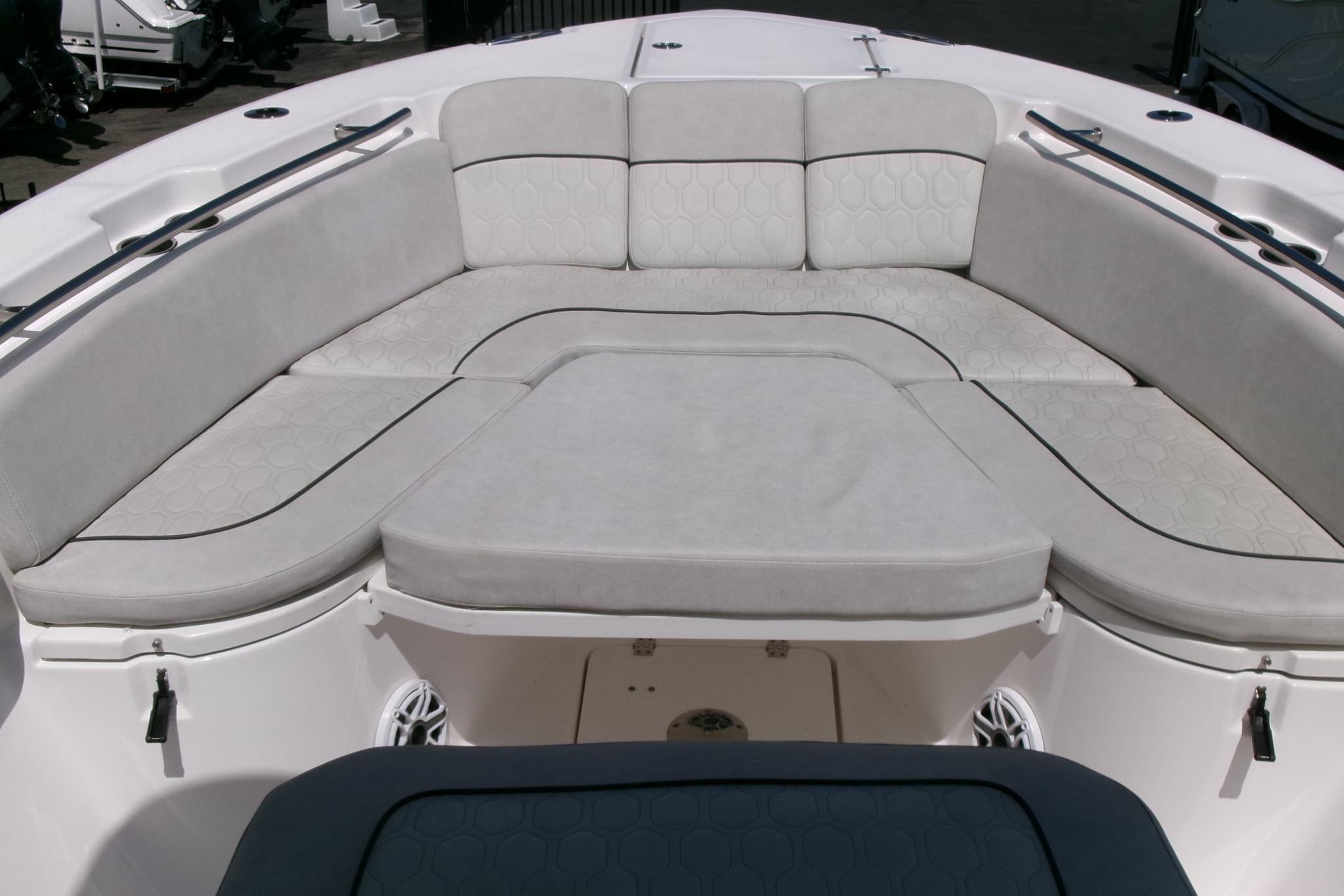 Luxurious seating area on 2022 Sea Fox 288 Commander boat.