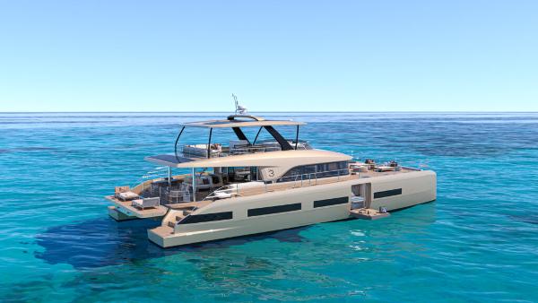 Luxurious 2025 Lagoon 83 yacht on clear blue ocean waters.