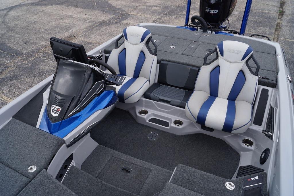 2020 Skeeter FXR21 Limited boat interior with dual blue and white seats.