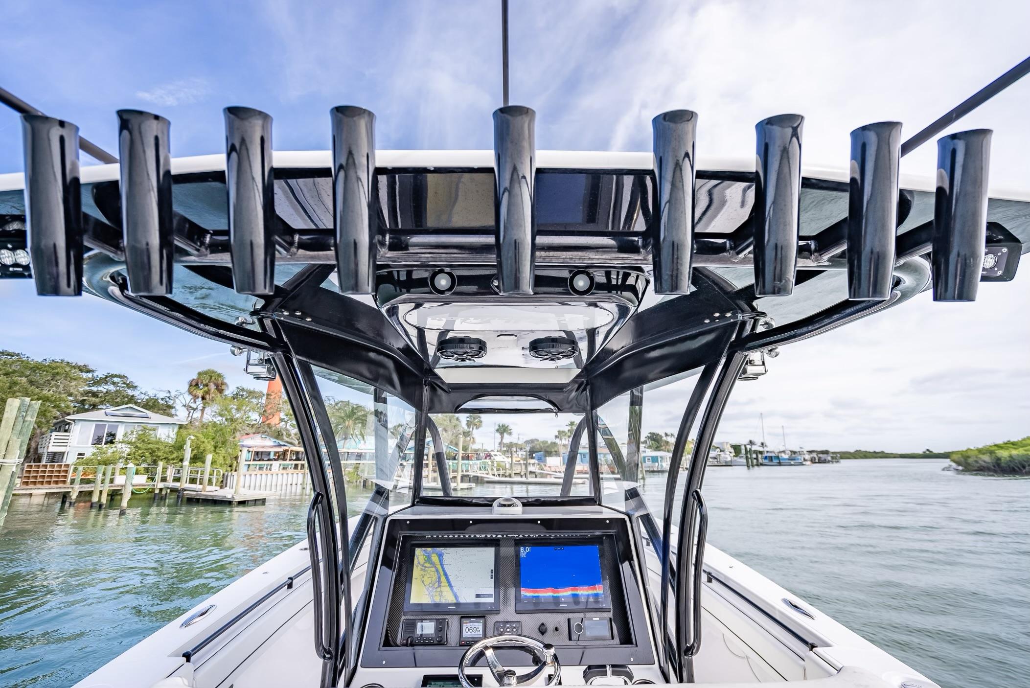 2020 SeaHunter 35 Tournament boat console with advanced navigation system.
