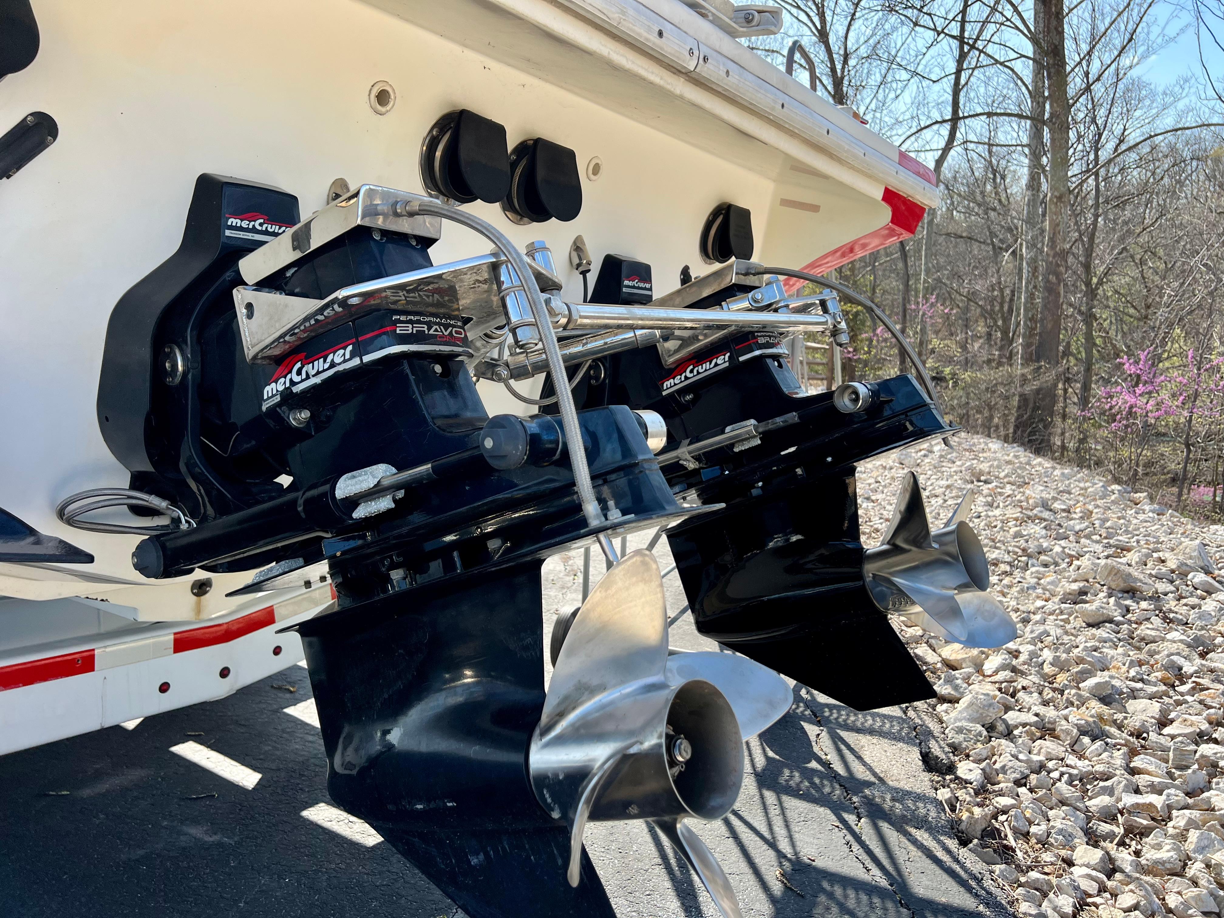 1999 Black Thunder 430 Flat Deck boat with dual MerCruiser Bravo One outdrives.