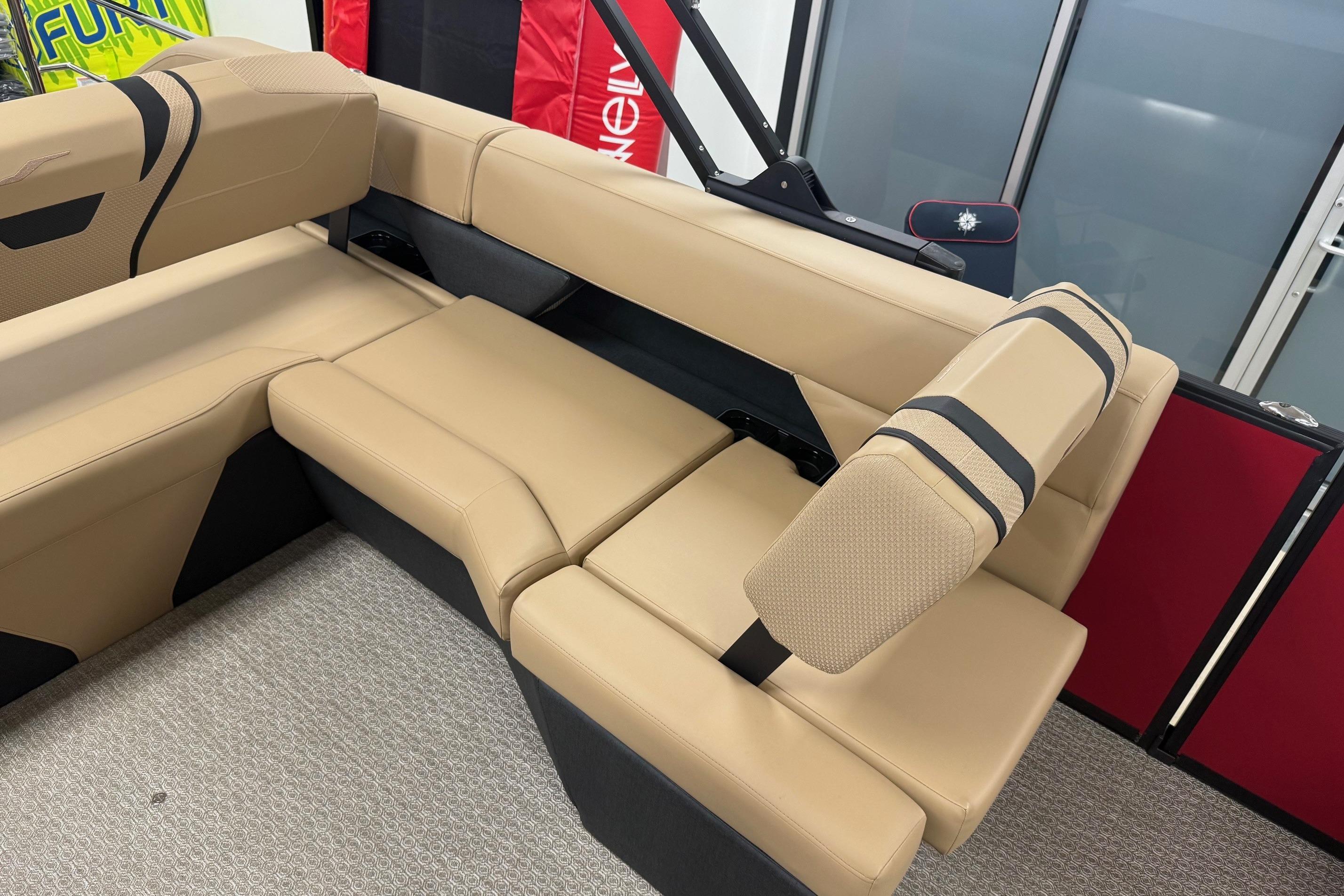 Luxurious beige seating in 2026 Evotti 725CS boat interior.
