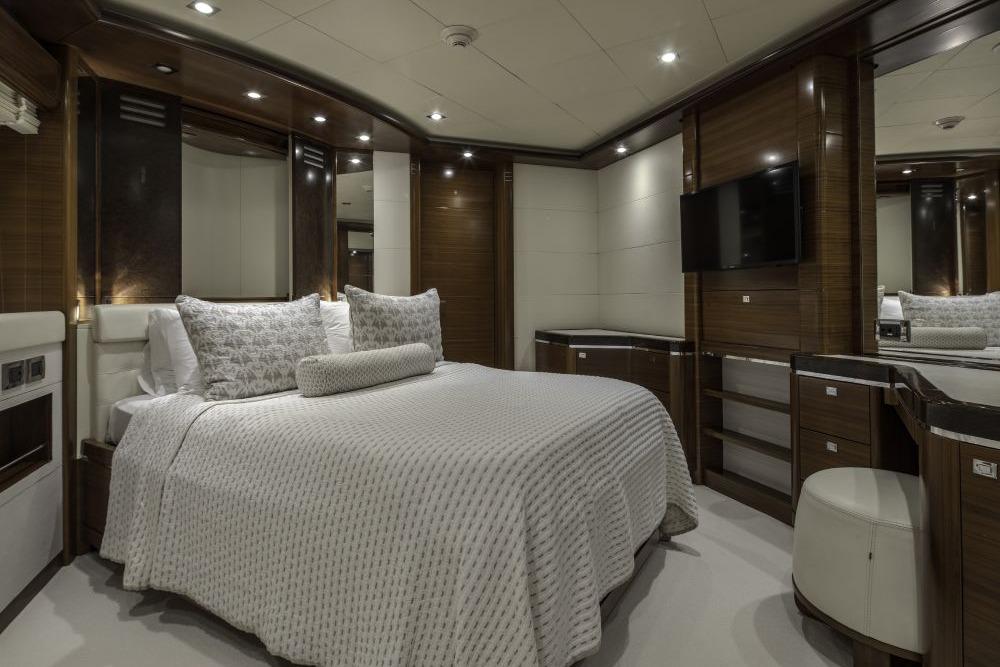 Luxurious yacht bedroom interior with modern decor, CRN 129, 2009 model.