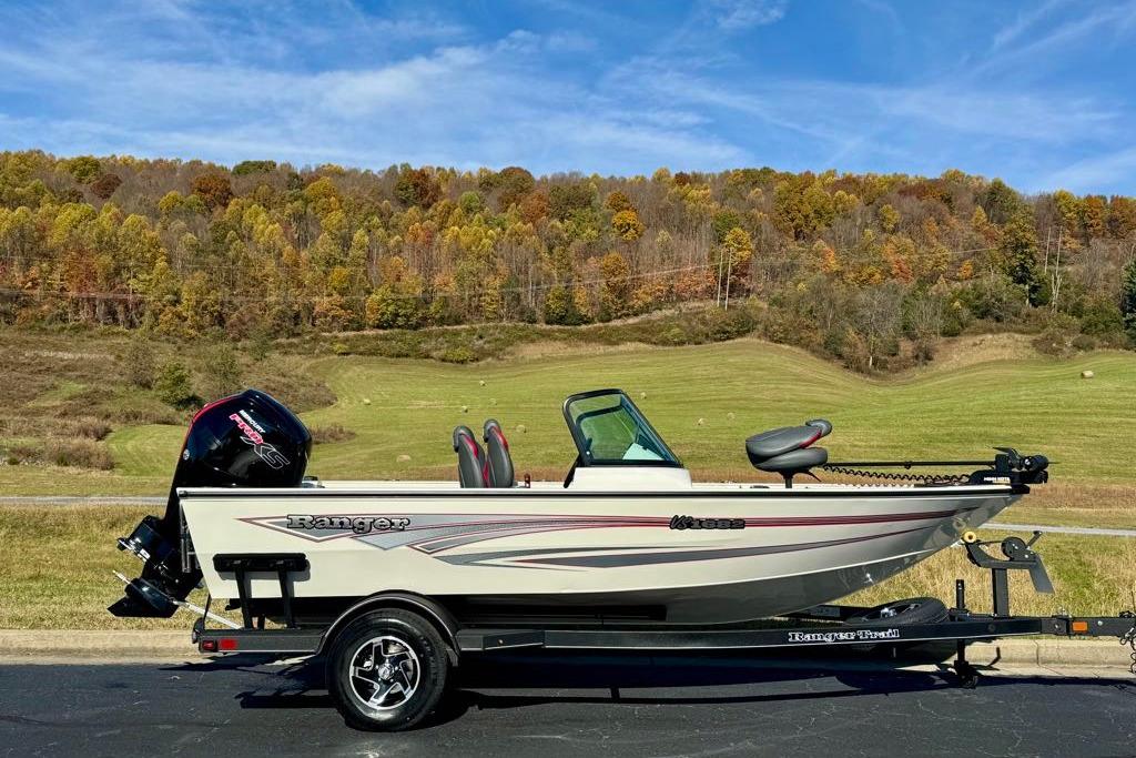 2026 Ranger VS1682SC Angler boat on trailer, scenic autumn backdrop.