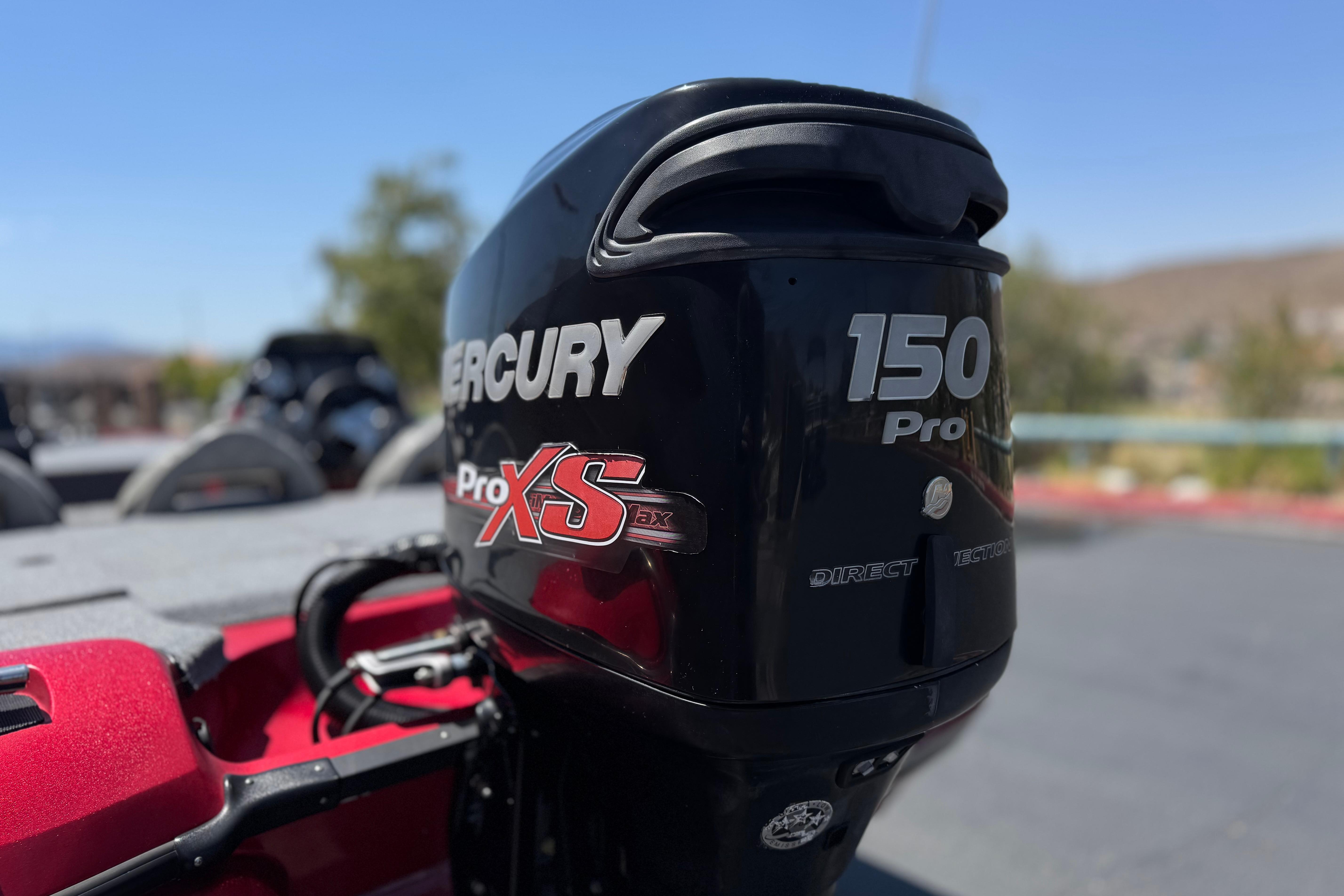 Outboard motor on a 2012 Nitro Z-7 boat, featuring Mercury 150 Pro XS.