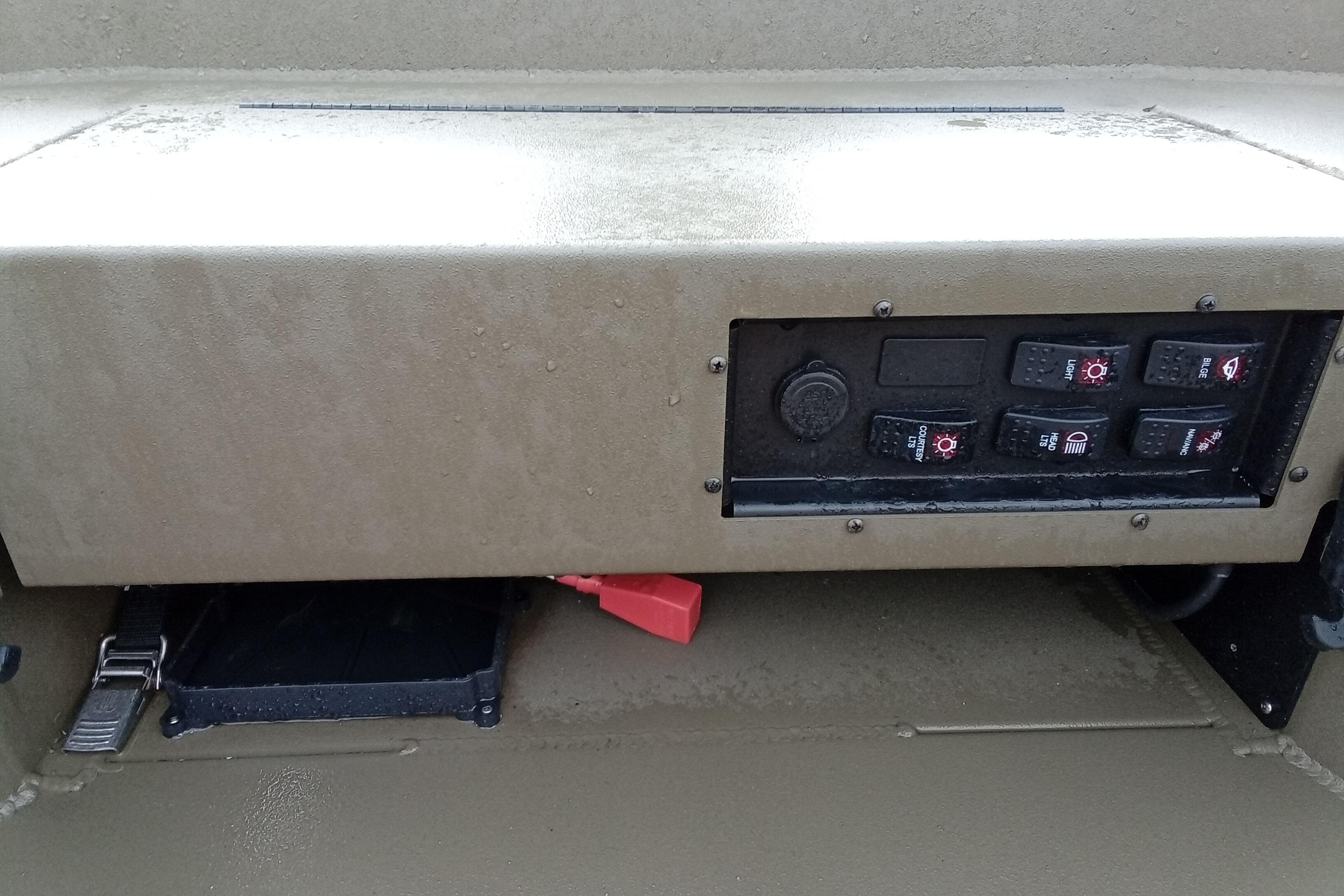 Control panel of 2026 Thor 1754 Swamp Hammer boat with switches and buttons.