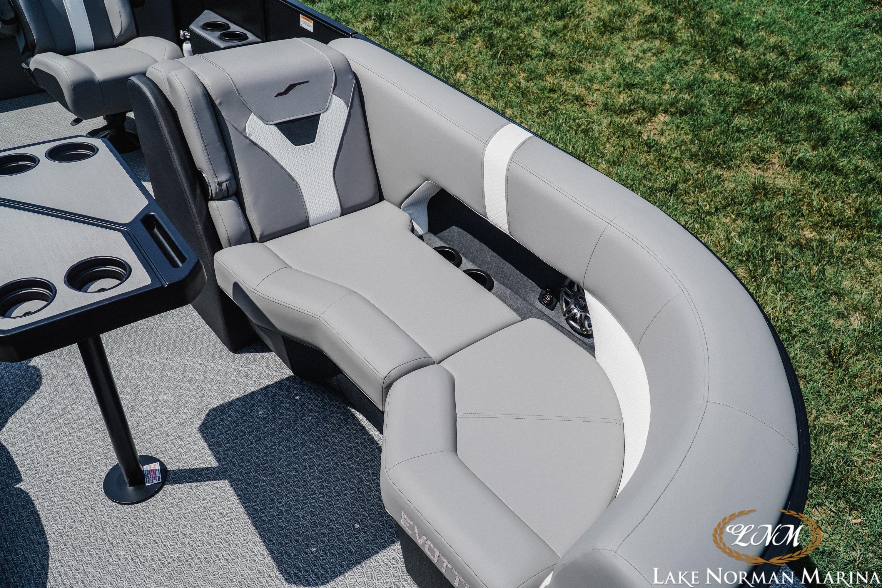 2026 Evotti 521CS boat interior with gray seating and cup holders at Lake Norman Marina.